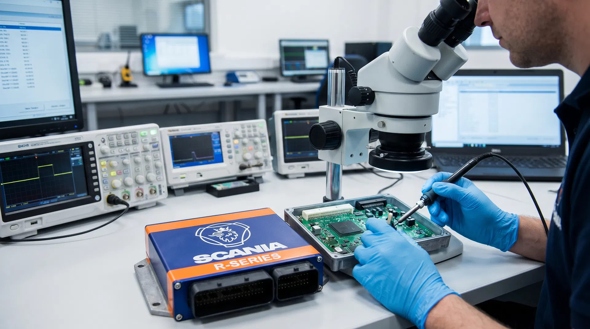 Scania Steuergerät OPC5 Reparatur – Techniker analysiert Platine unter Mikroskop im Diagnosezentrum Kerpen