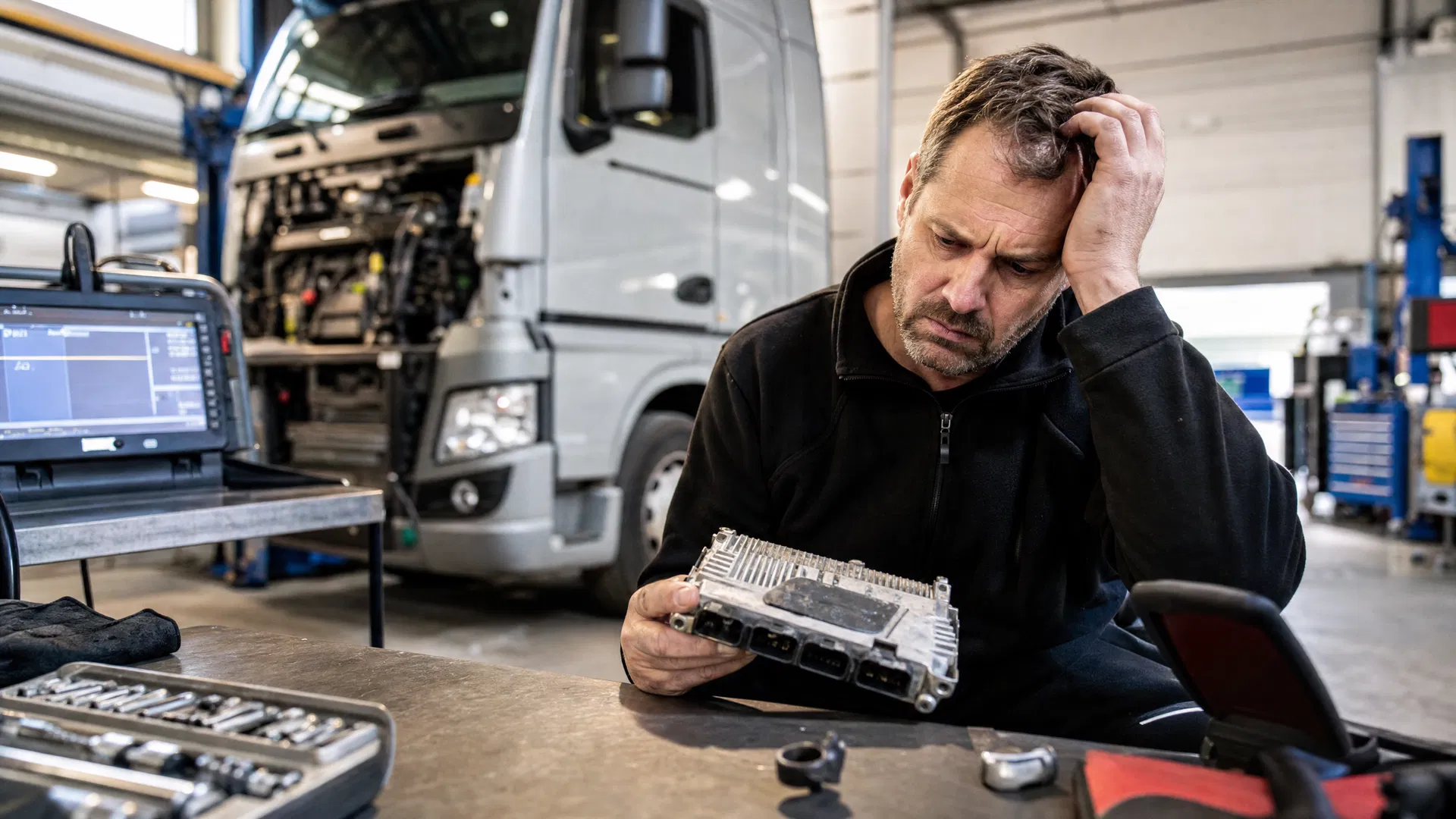 Fuhrparkleiter hält defektes LKW-Steuergerät in der Werkstatt — Ausfallkosten für Speditionen 2026
