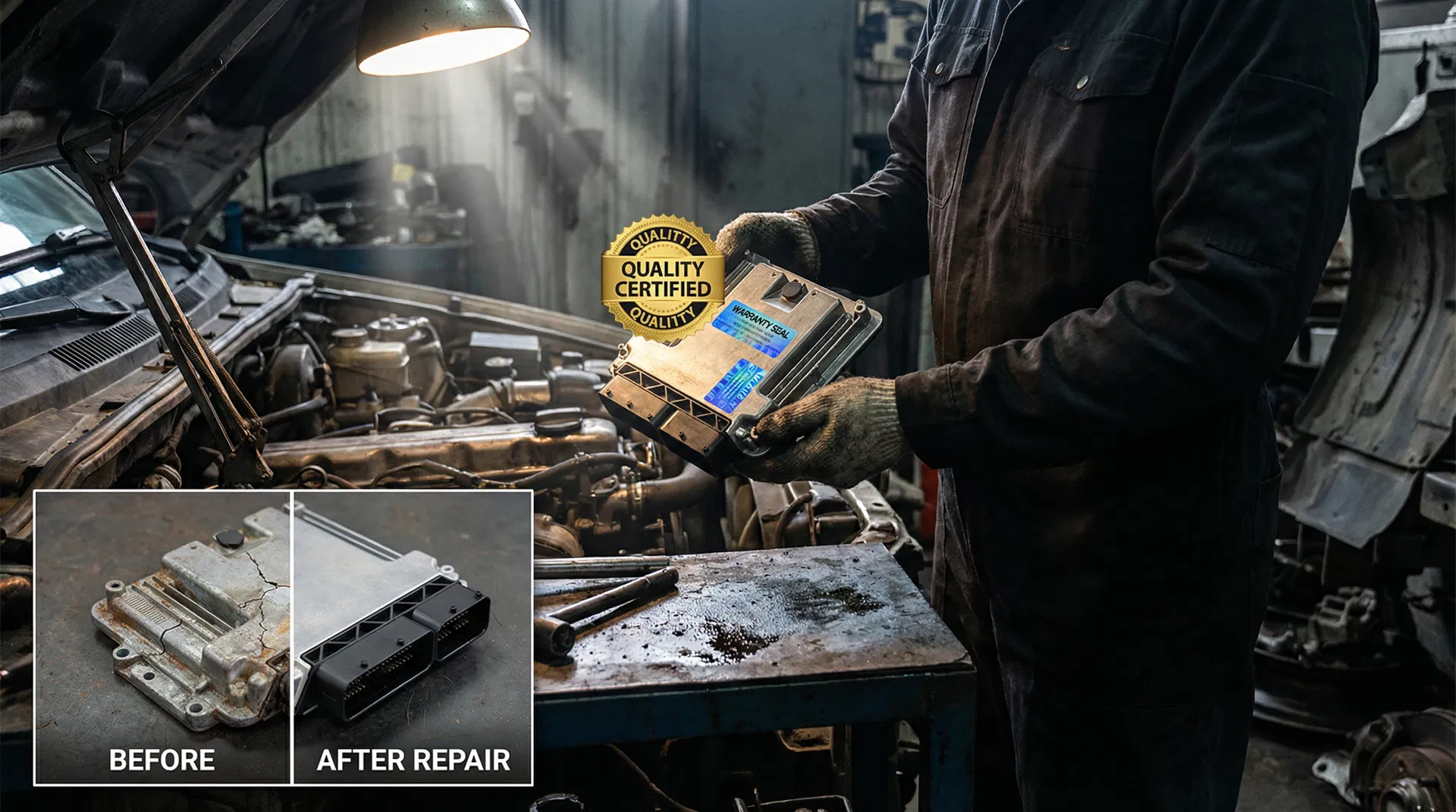 Ein Mechaniker prüft ein repariertes LKW-Steuergerät in einer Werkstatt. Fokus auf Präzision und Steuergerät Reparatur Haltbarkeit.