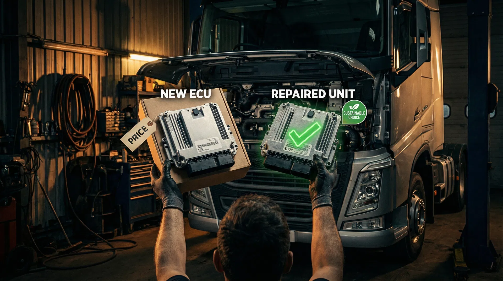 Techniker repariert ein LKW-Steuergerät in einer Werkstatt. Fokus auf die präzise Steuergerät LKW Reparatur als nachhaltige Alternative zum Neukauf.