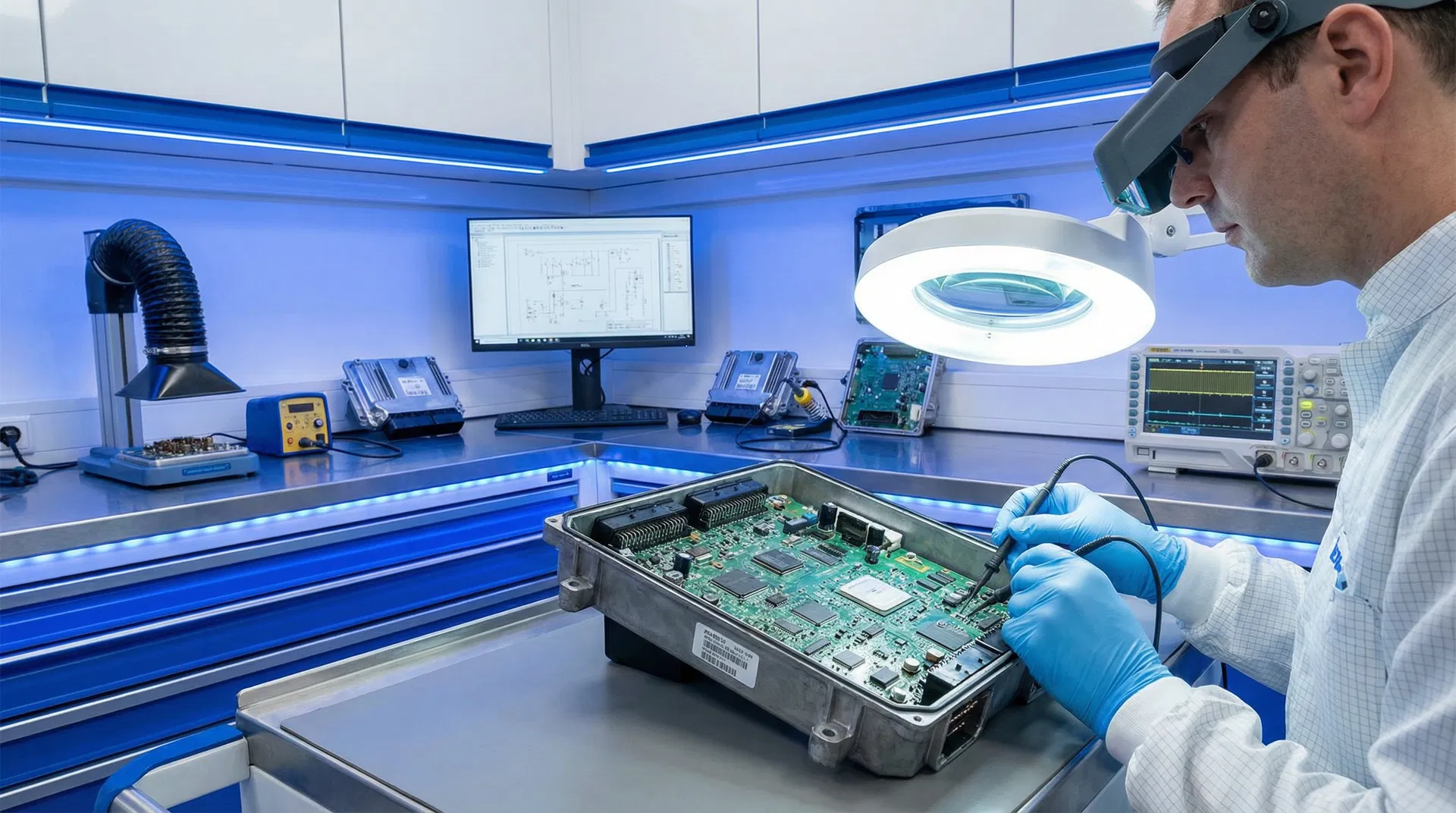 Photorealistisches Bild eines LKW-Steuergeräts, das von einem erfahrenen Techniker in einer modernen Werkstatt mit Spezialwerkzeugen geprüft wird. Fokus auf Details und Präzision. Keyword: Steuergerät Reparatur Betrieb.