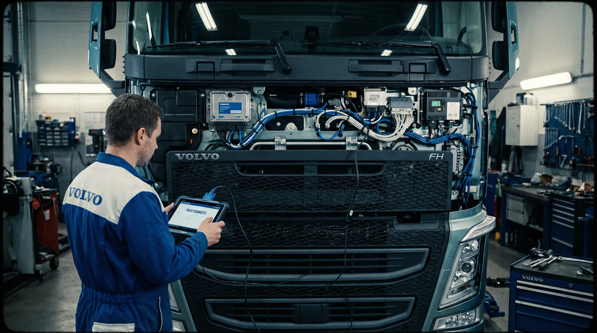 Volvo FH Steuergerät defekt: Ein Mechaniker prüft das Motorsteuergerät eines Volvo FH/FM LKW in einer Werkstatt.