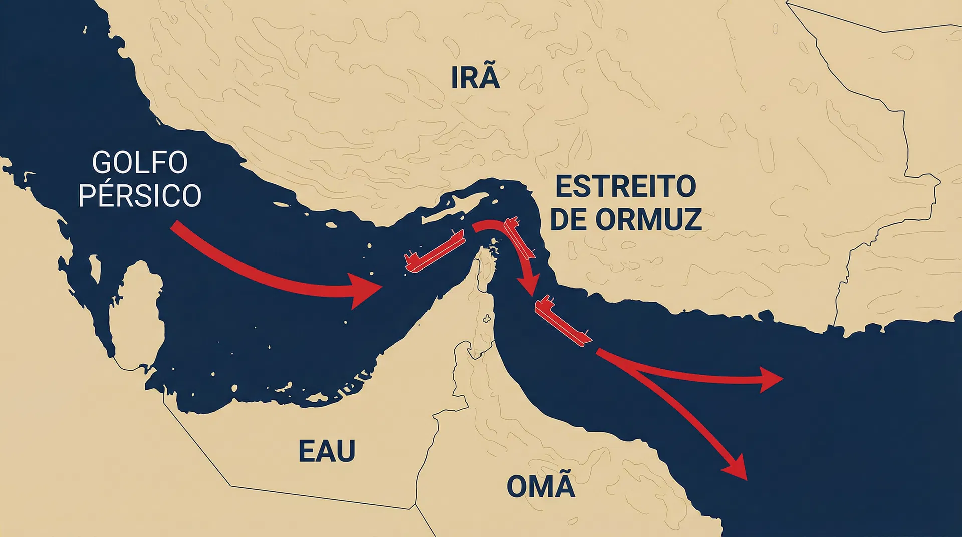 Mapa do Estreito de Ormuz mostrando fluxo de petróleo