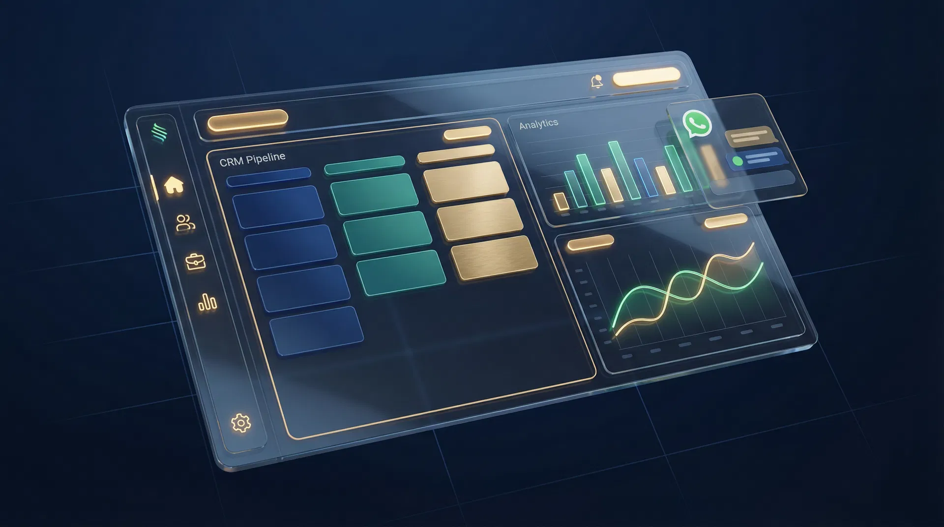 Dashboard do AceleraMax mostrando CRM jurídico, pipeline de leads e métricas de conversão para escritórios de advocacia