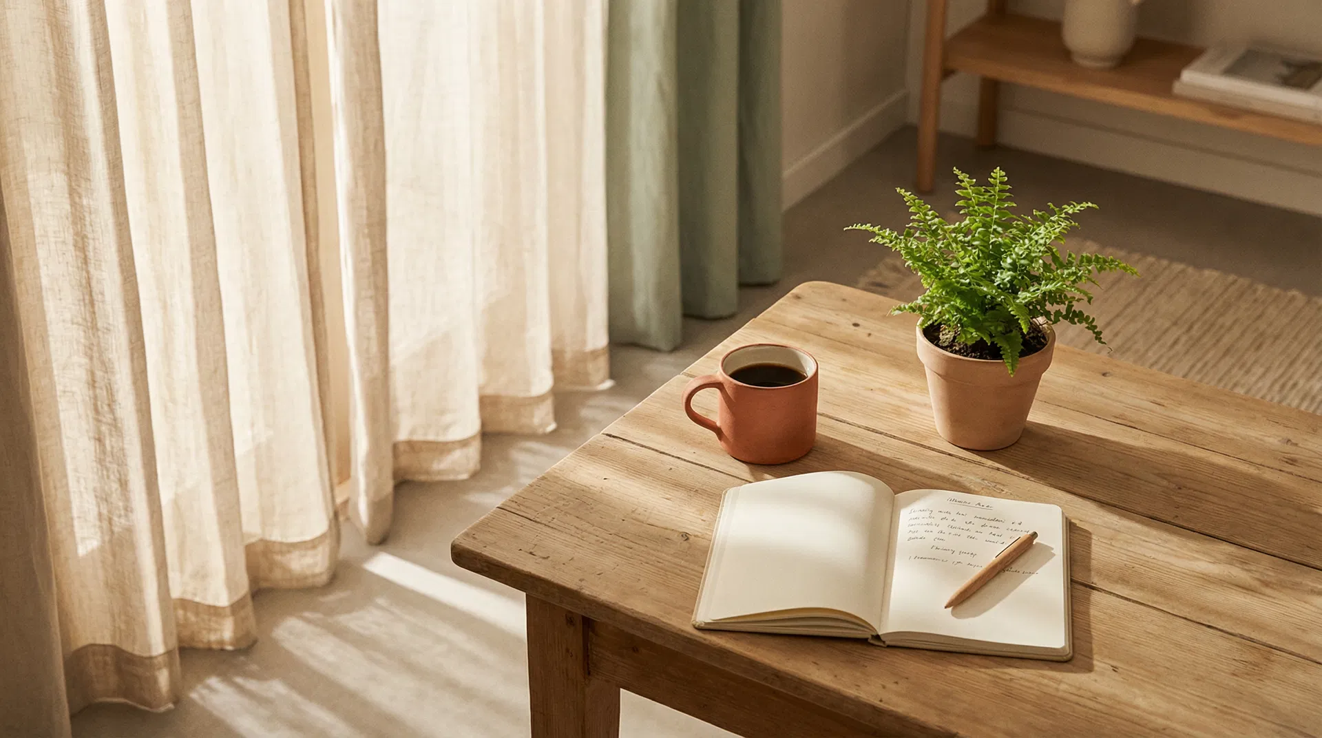 Morning light on a calm workspace with coffee and notebook