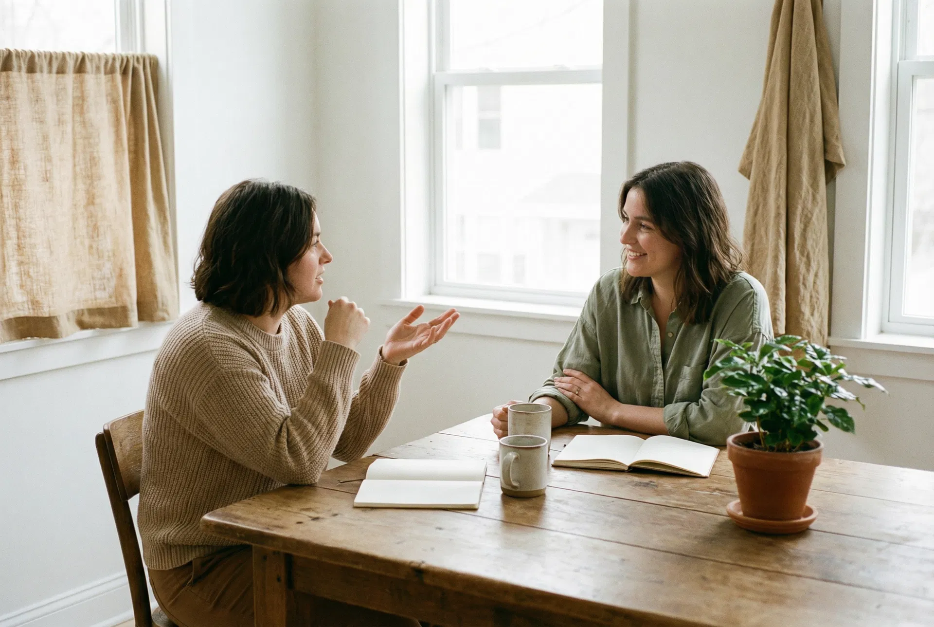 Two people having a calm conversation about finances