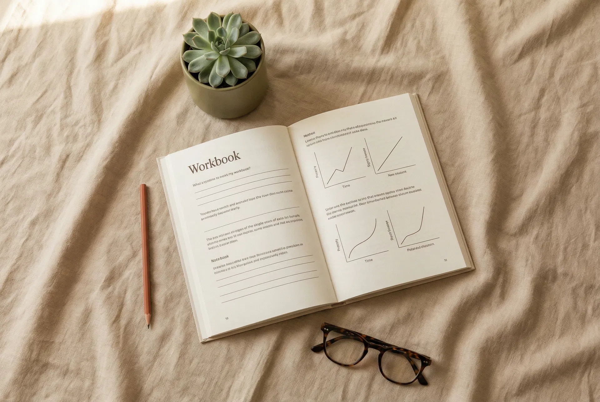 Calm study workspace with workbook and plants