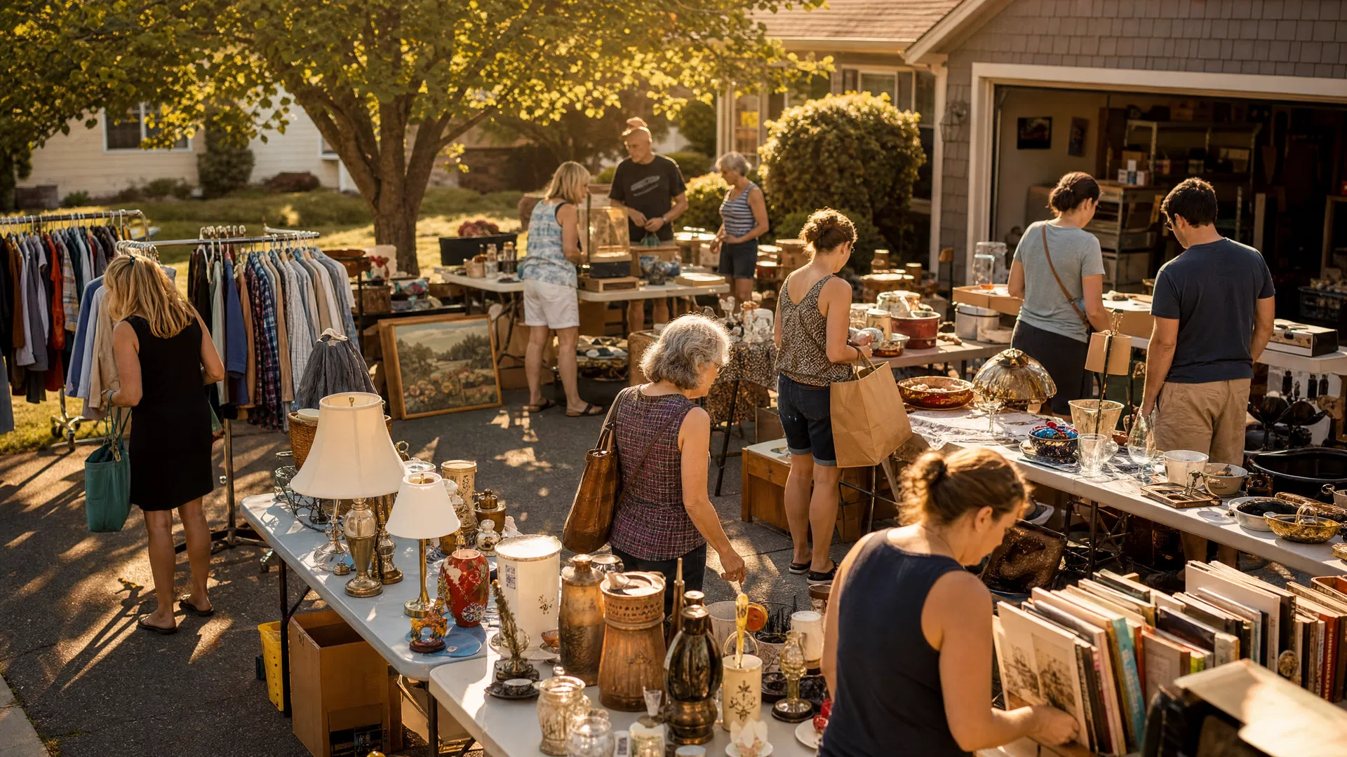 Busy garage sale with happy buyers