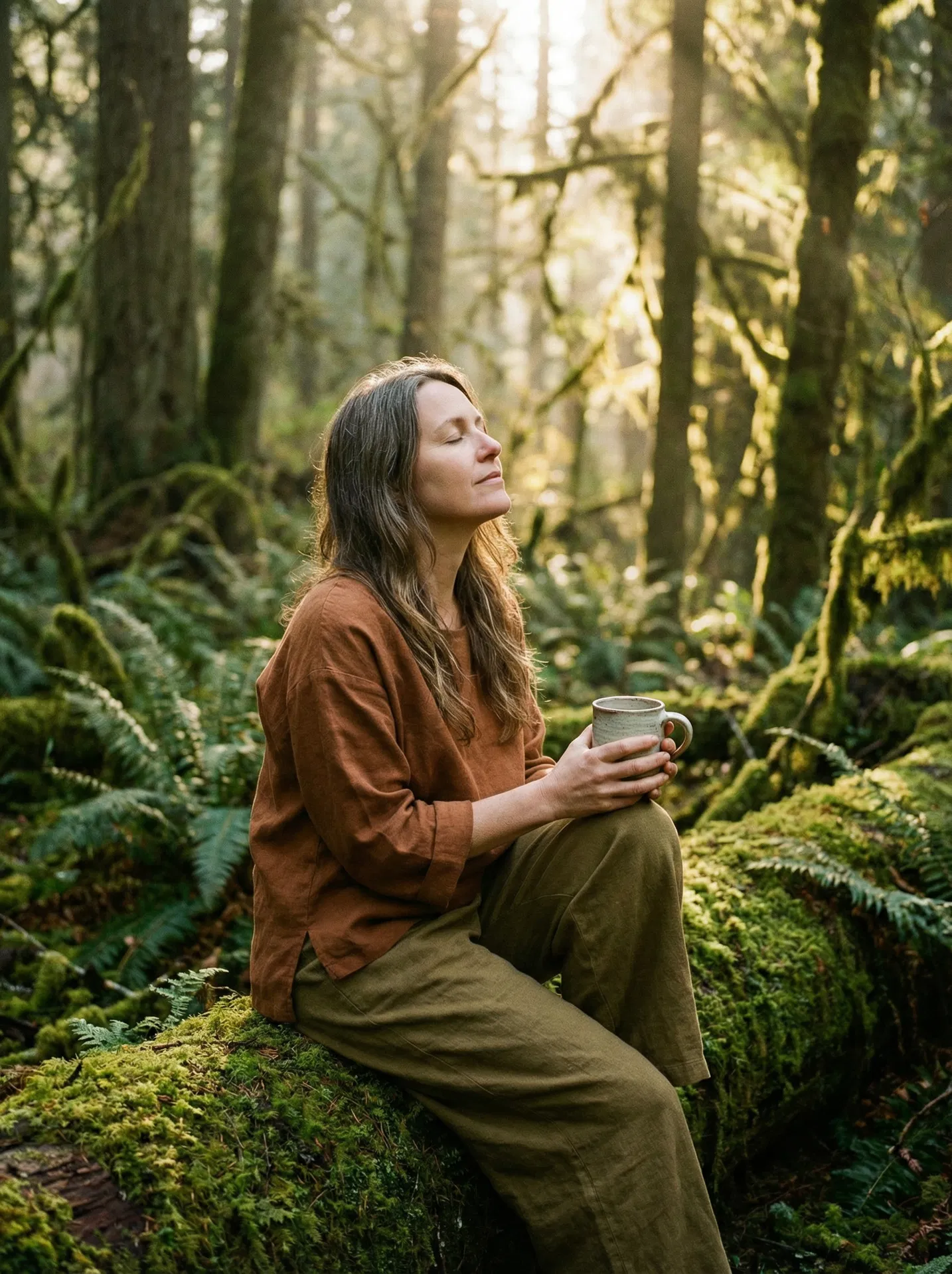 Frau im Wald mit Tee