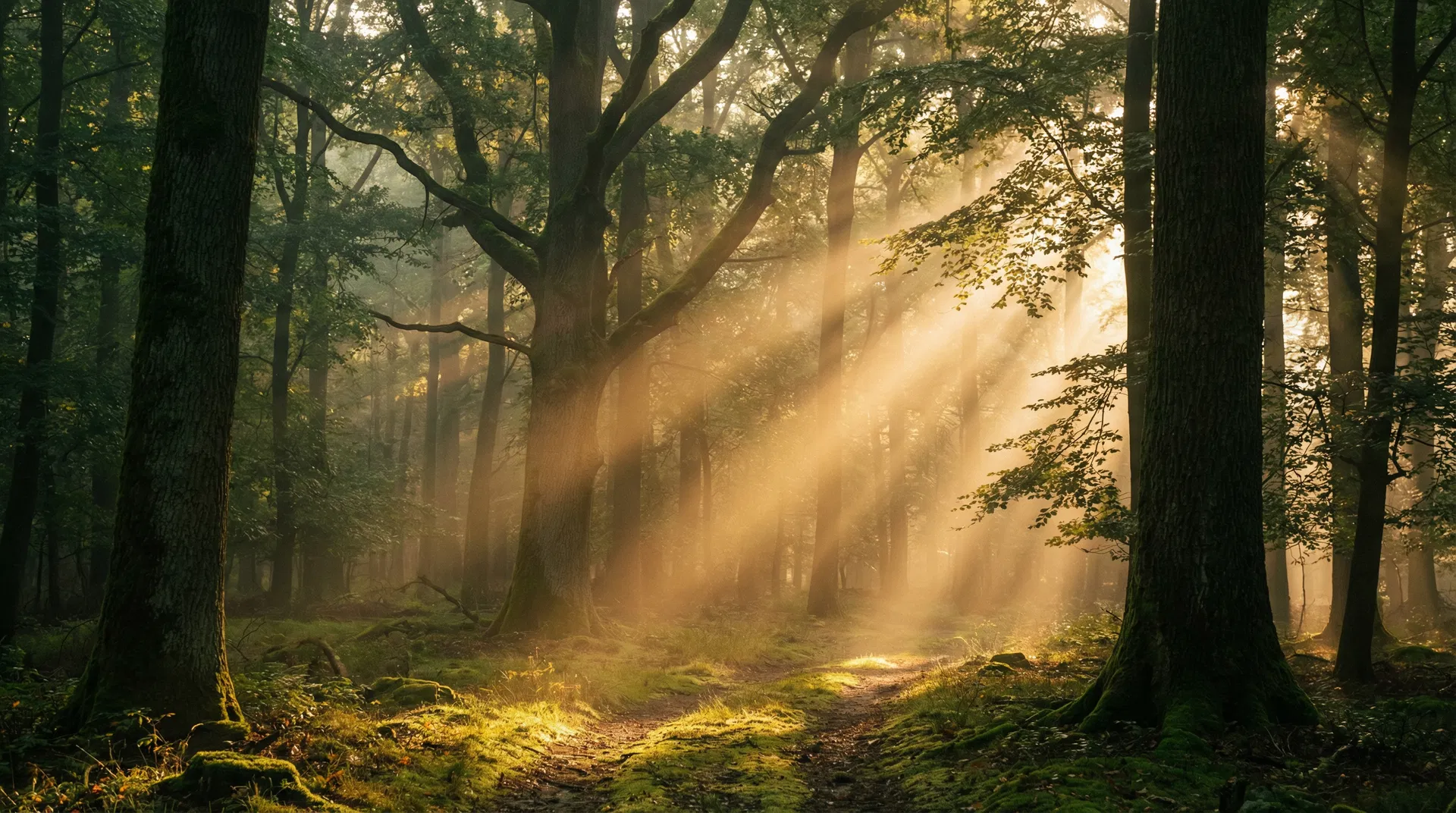 Mystischer Wald mit Sonnenstrahlen