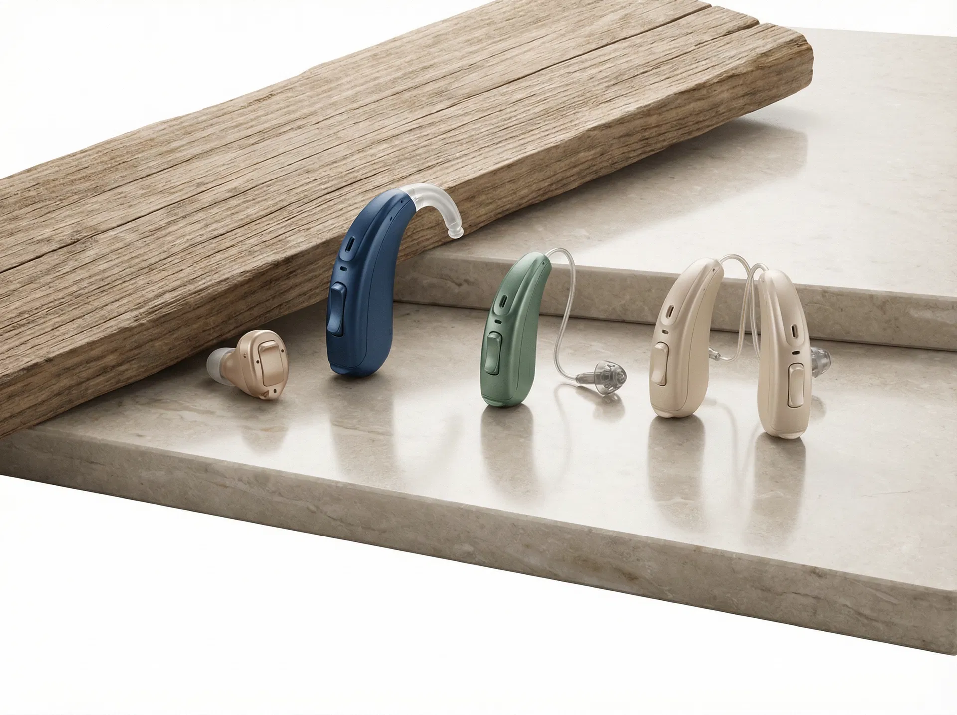 Diferentes modelos modernos de aparelhos auditivos