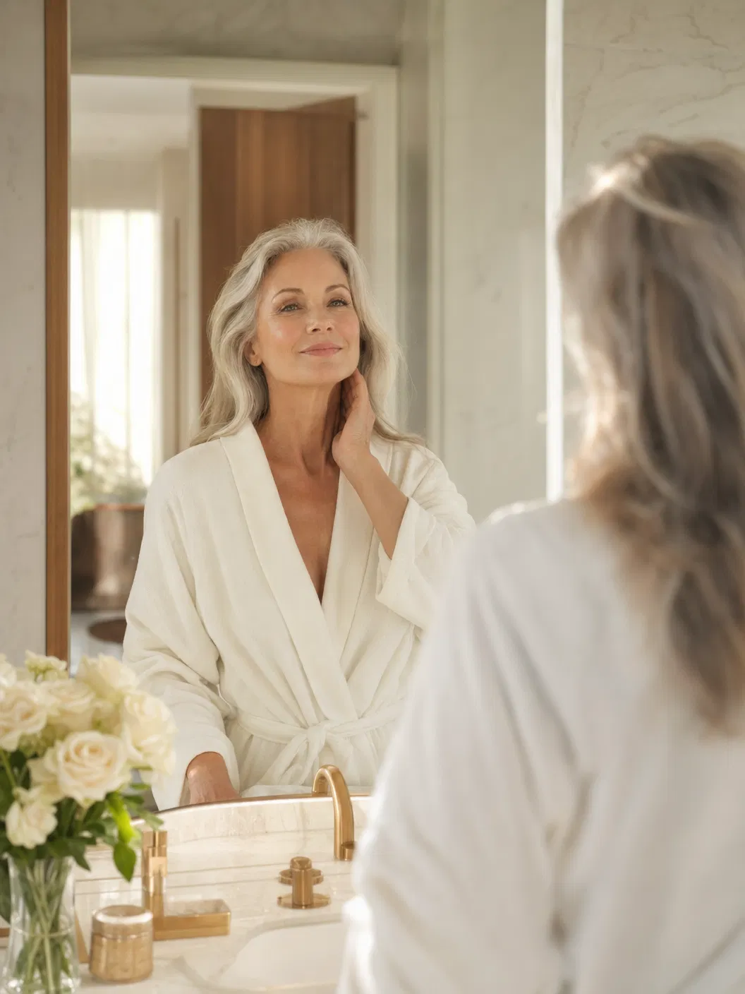 Woman looking in mirror with flawless skin after applying Timeliss Foundation