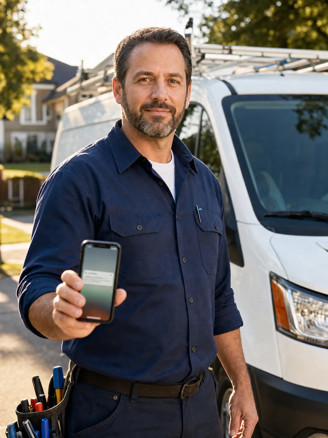 Contractor with phone showing lead notification