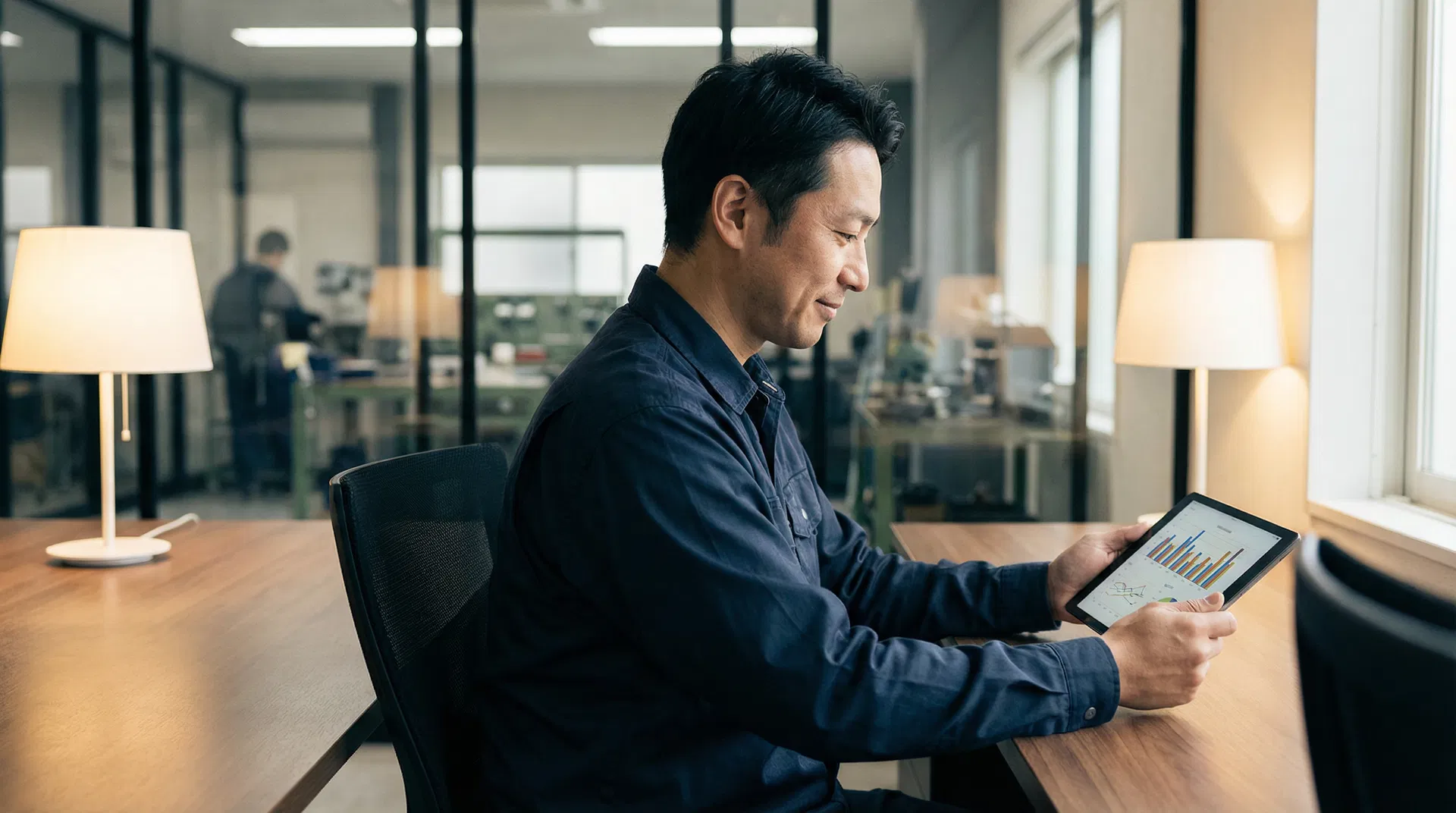 Home service business owner reviewing AI-powered business analytics