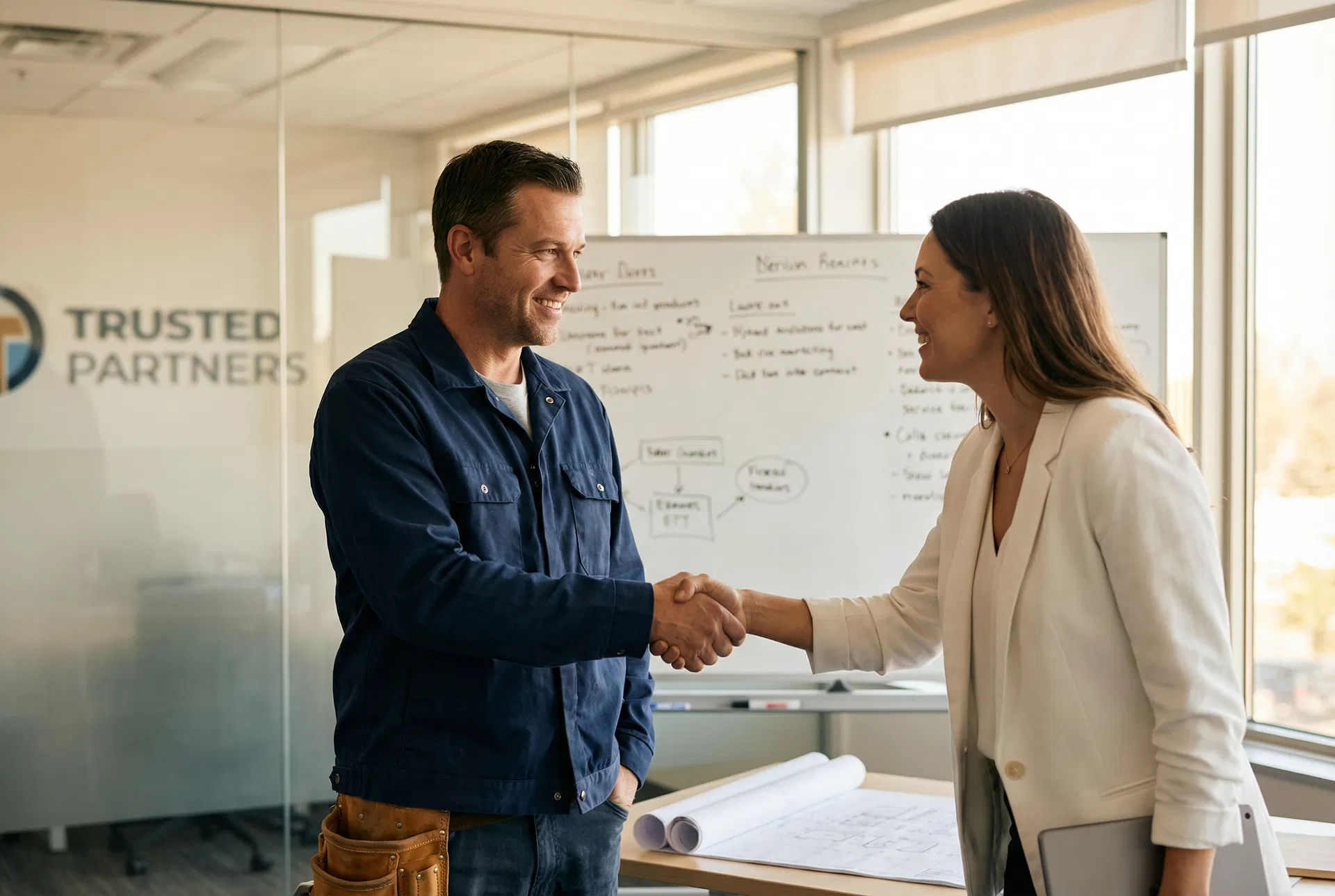 Home service professional and technology partner shaking hands