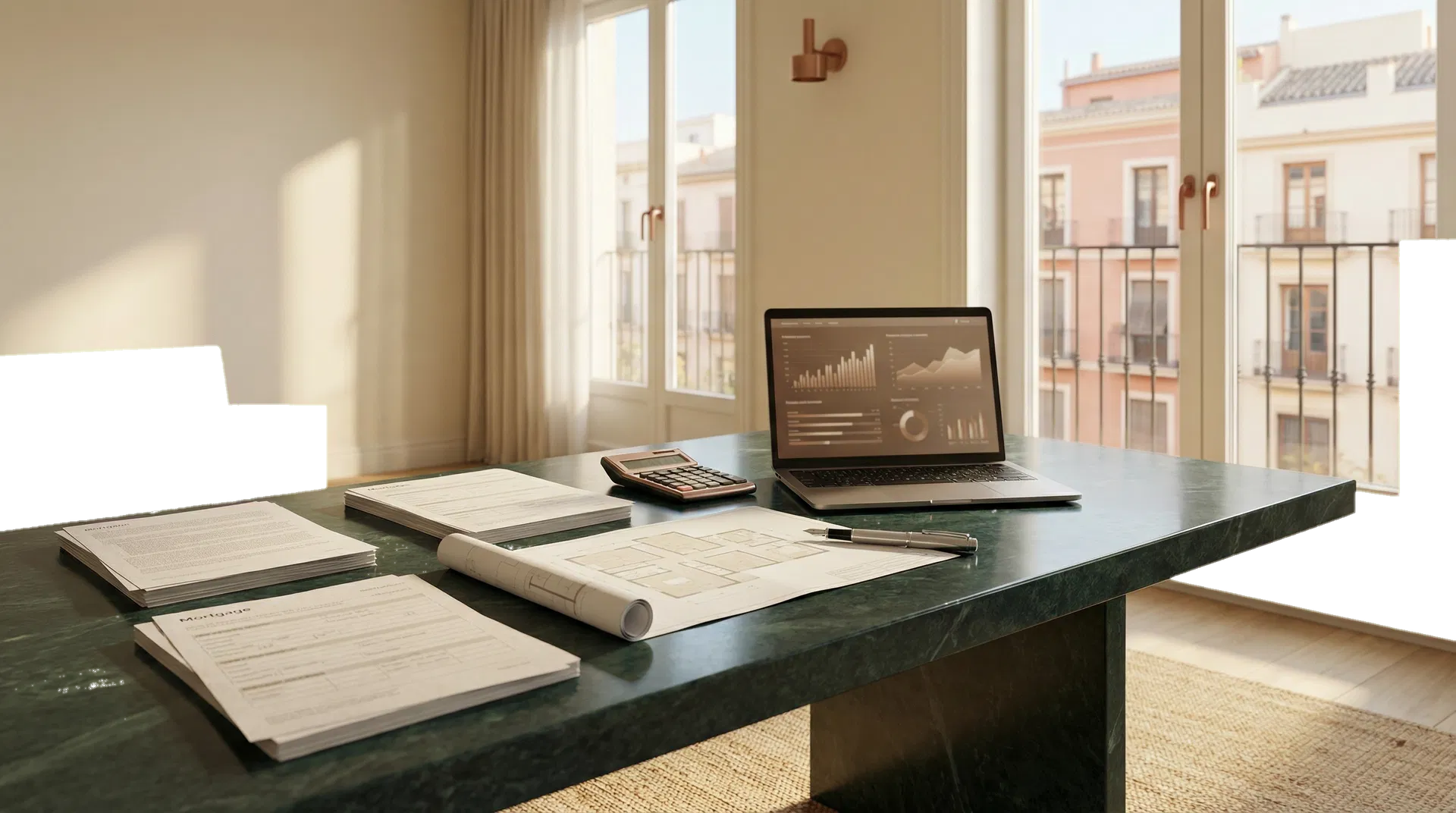 Espacio de trabajo cálido con documentación hipotecaria y material de análisis