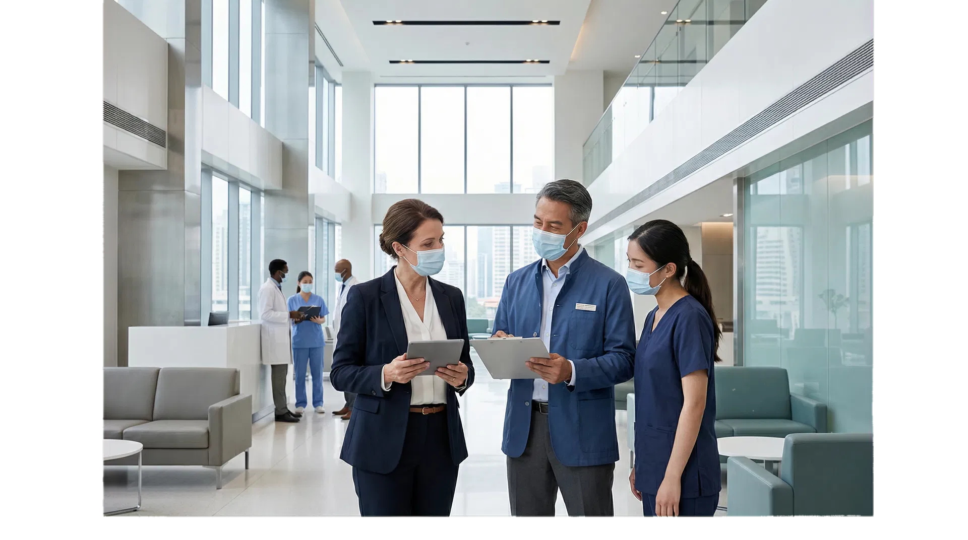 Equipe médica e liderança institucional em ambiente hospitalar privado