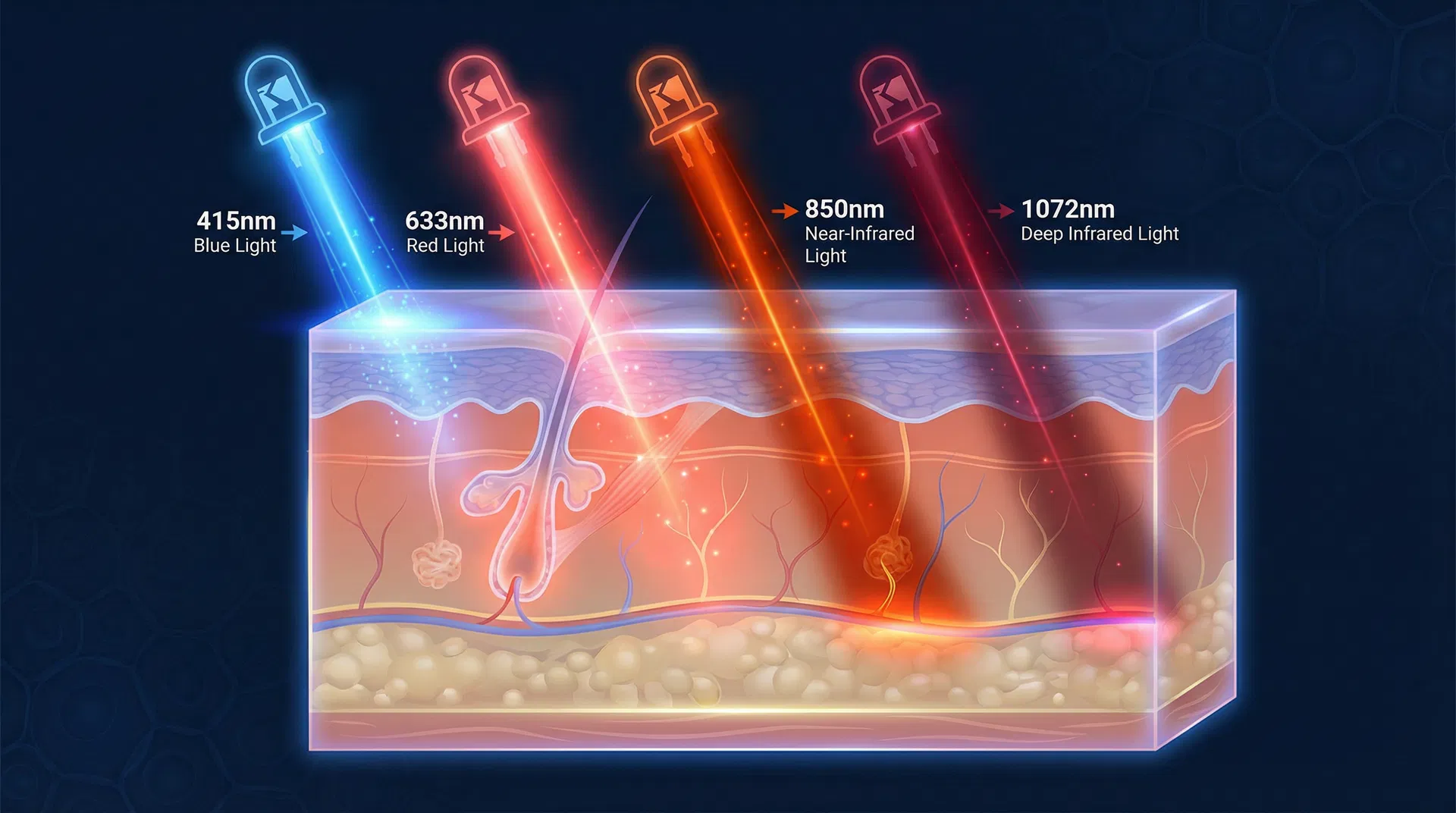 LED 光譜穿透皮膚層示意圖