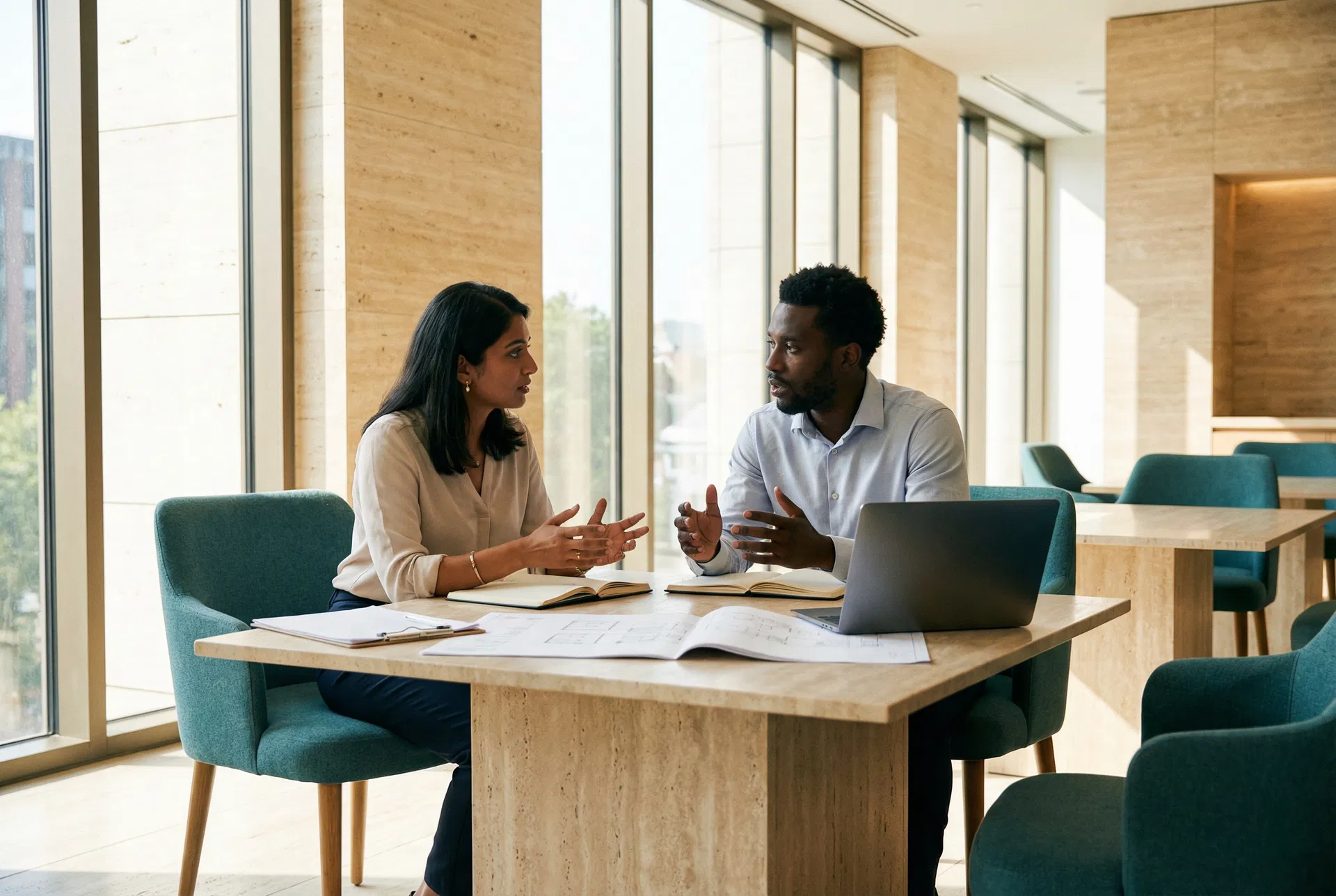 Two founders engaged in thoughtful conversation