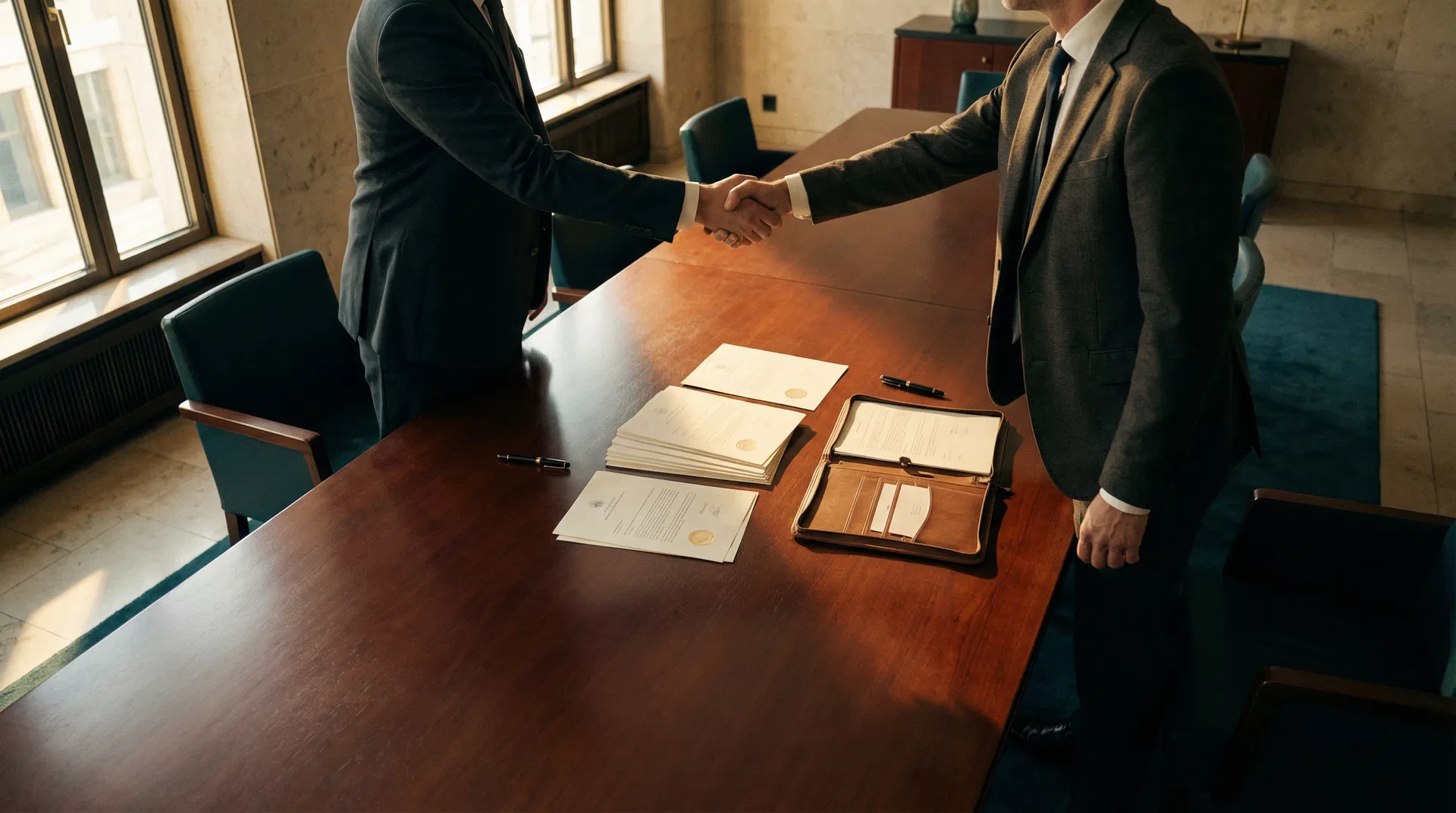 Two professionals shaking hands over formal documents
