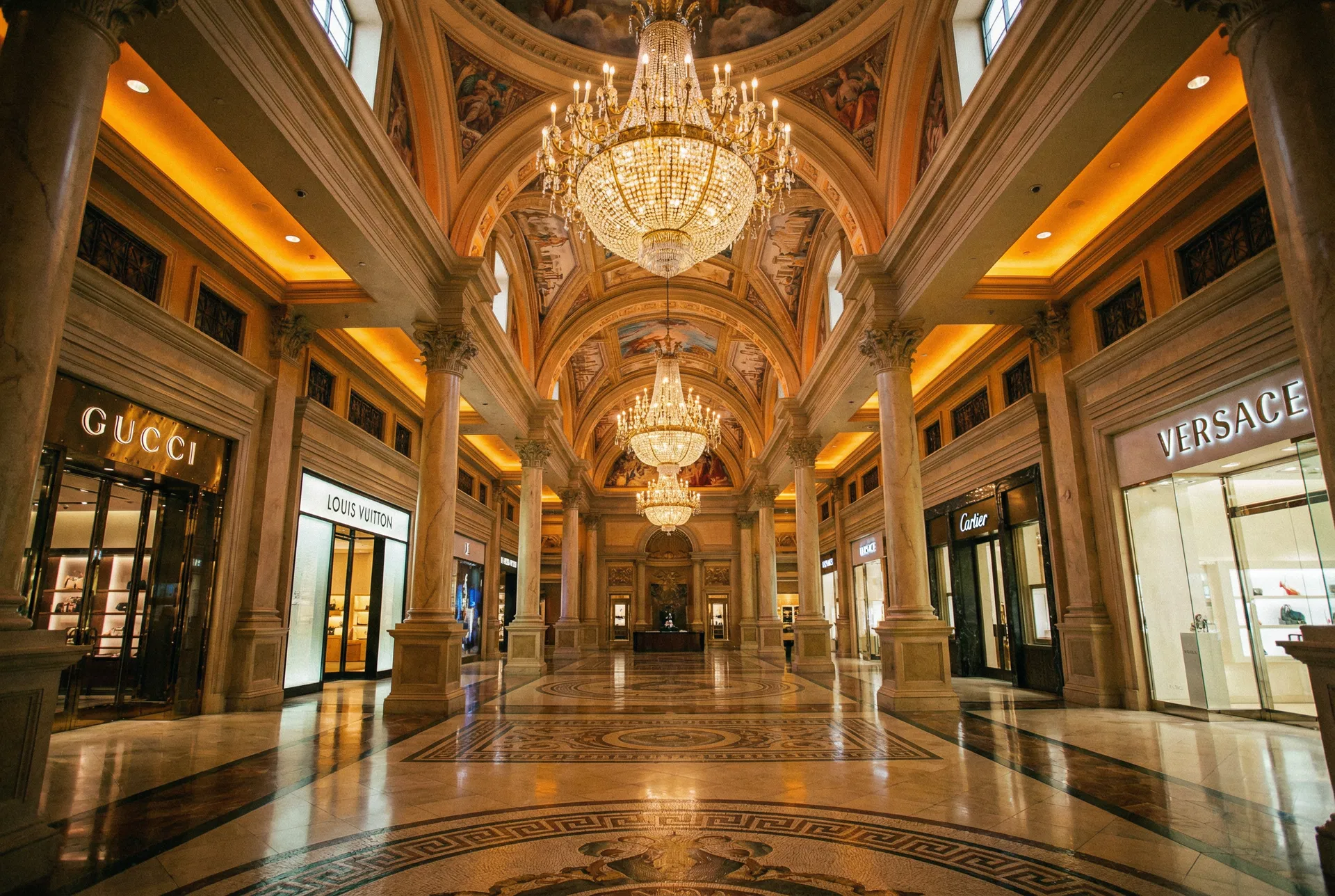 Luxury retail atrium interior — Forum Shops style