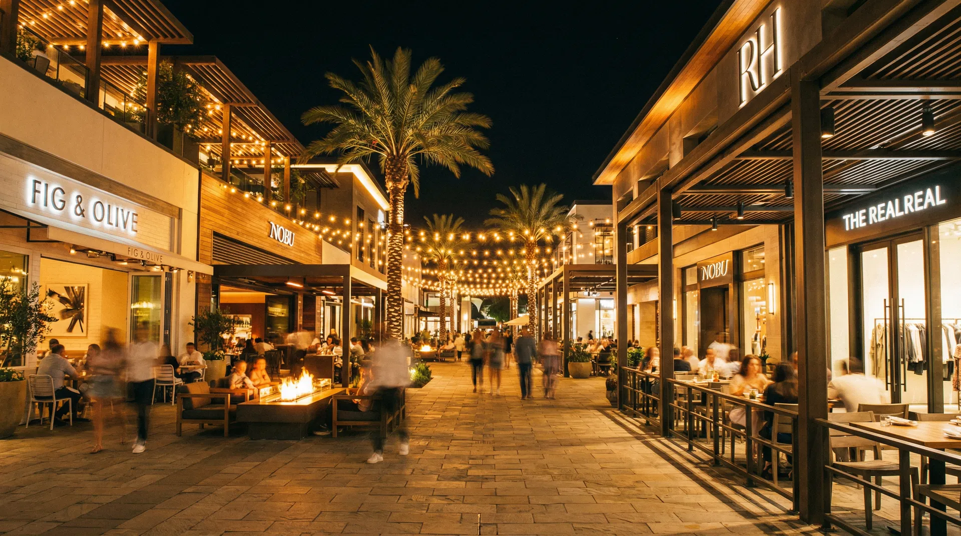 Outdoor lifestyle retail promenade at night