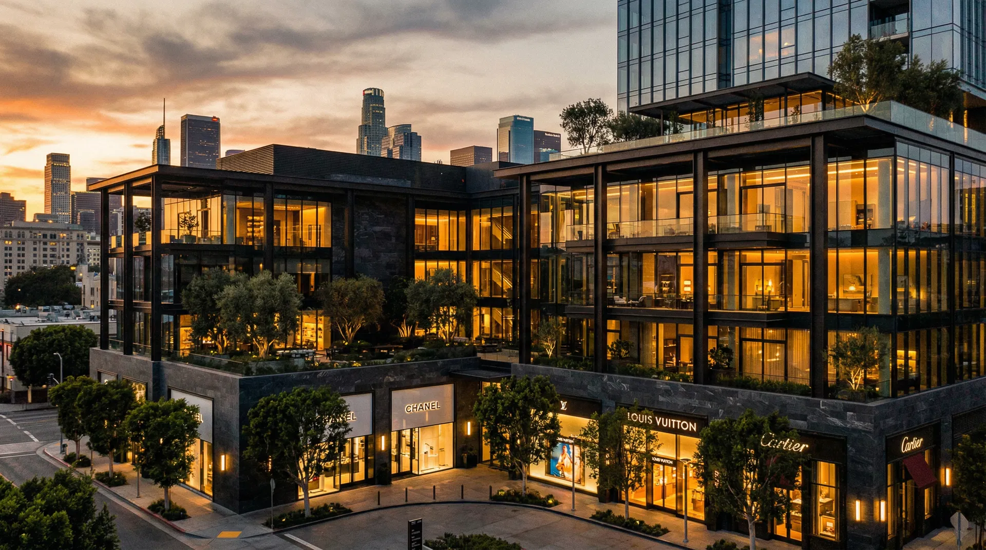 Luxury mixed-use development at dusk, Los Angeles