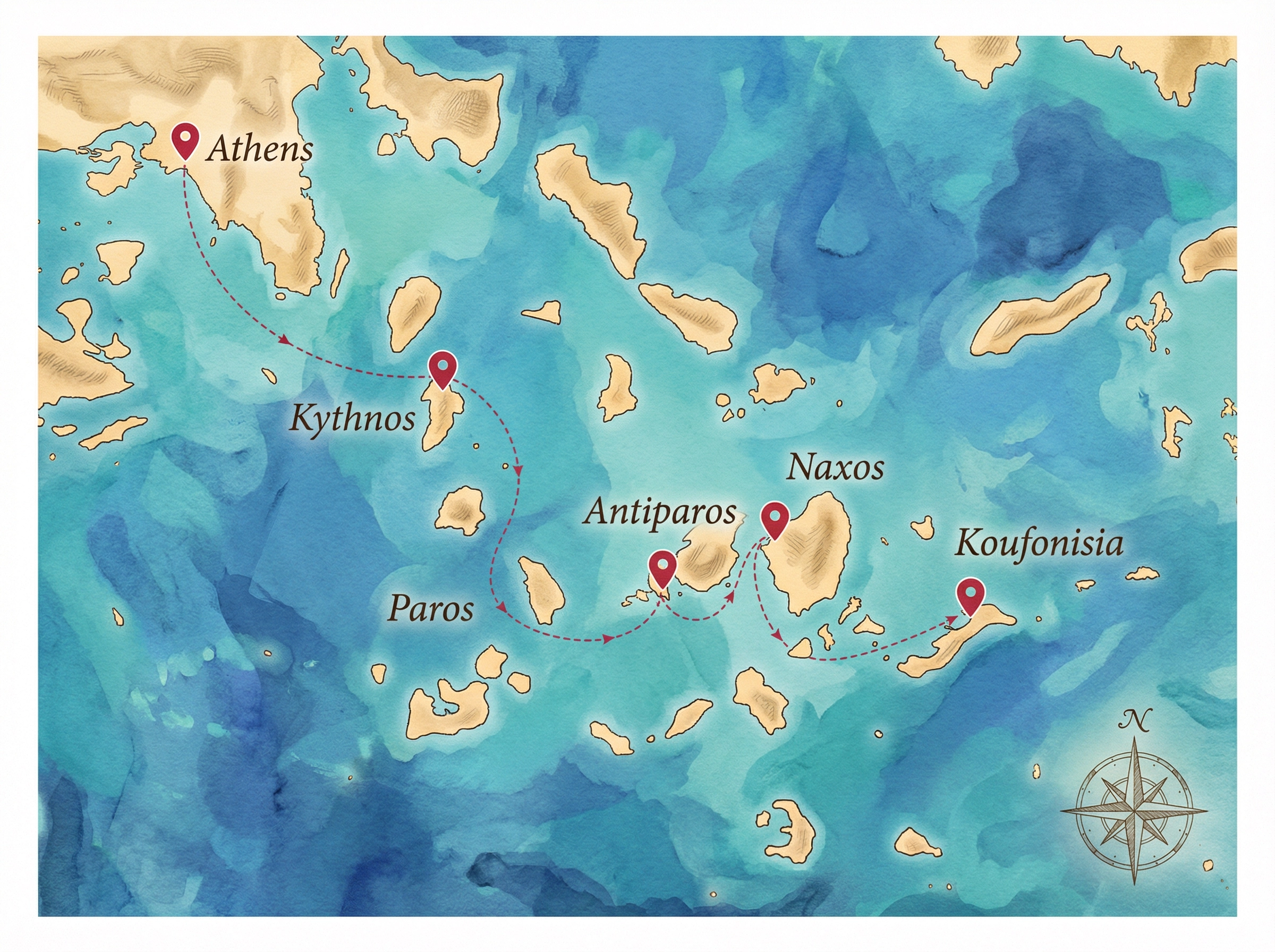 Cyclades sailing route map — Athens, Kythnos, Paros, Antiparos, Naxos, Koufonisia