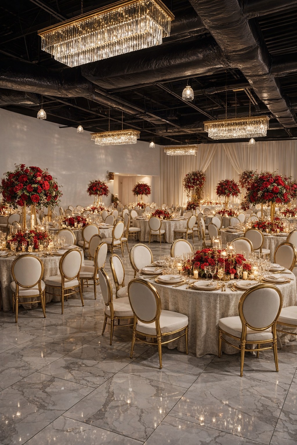 A beautifully decorated banquet hall set for a wedding reception, featuring round tables with elaborate red floral centerpieces and gold chairs. Crystal chandeliers illuminate the luxurious setting, creating a warm and inviting atmosphere.