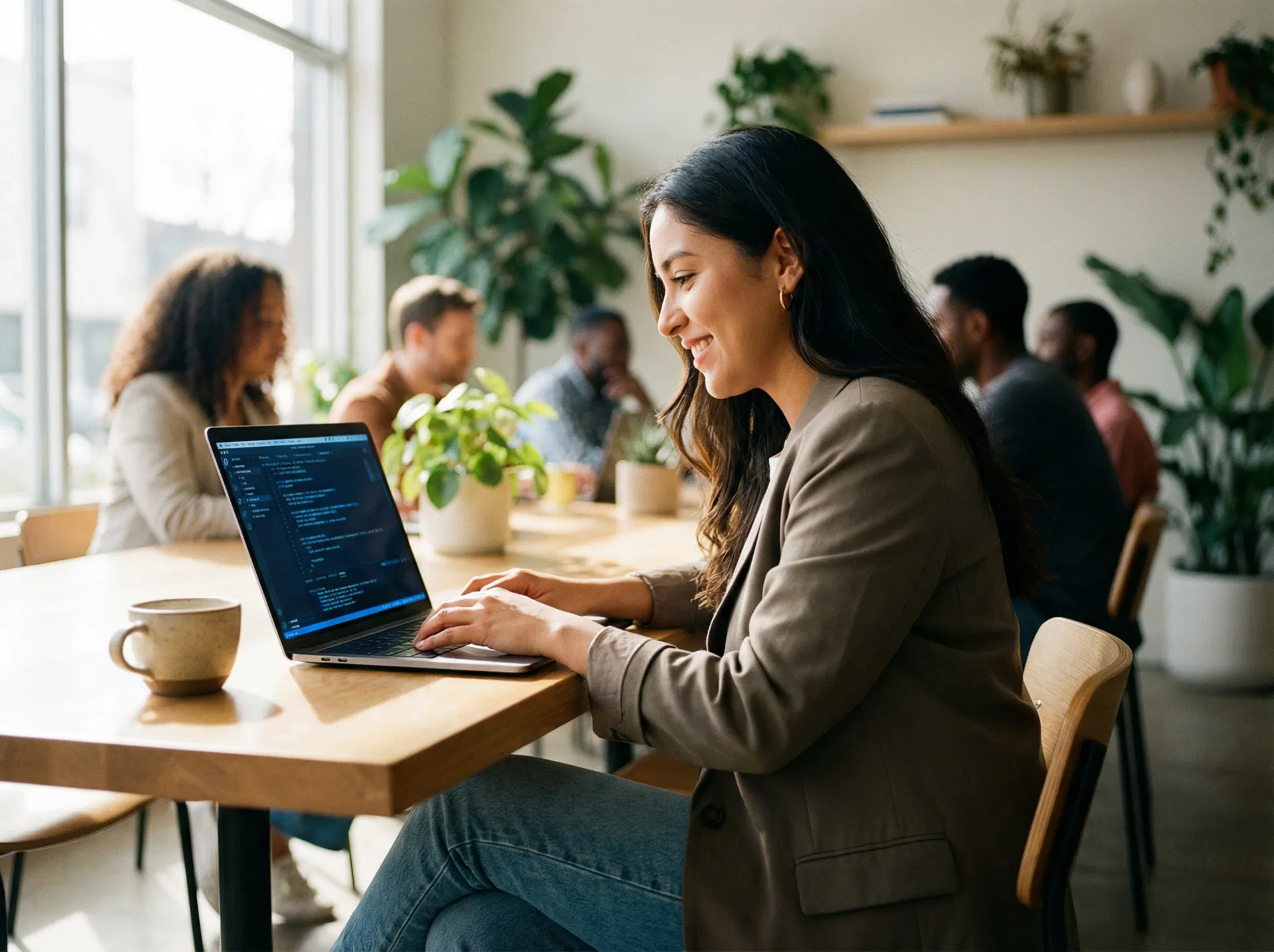 Mujer programando en un espacio de trabajo moderno