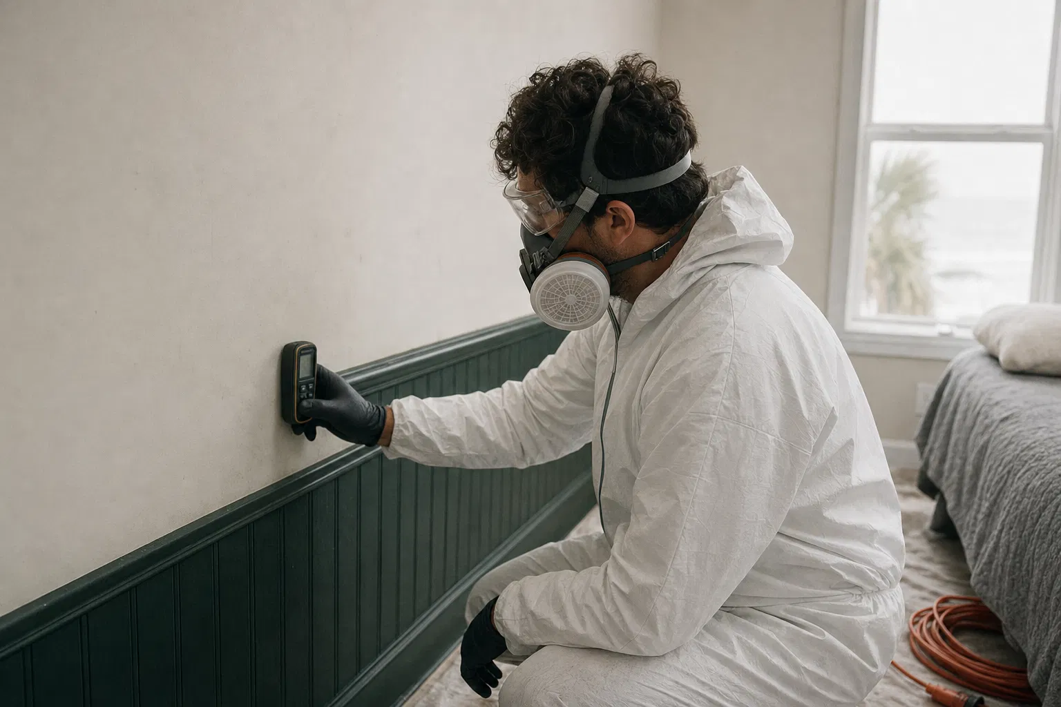 Myrtle Beach Mold Pro technician in PPE inspecting an interior wall with a handheld moisture meter.