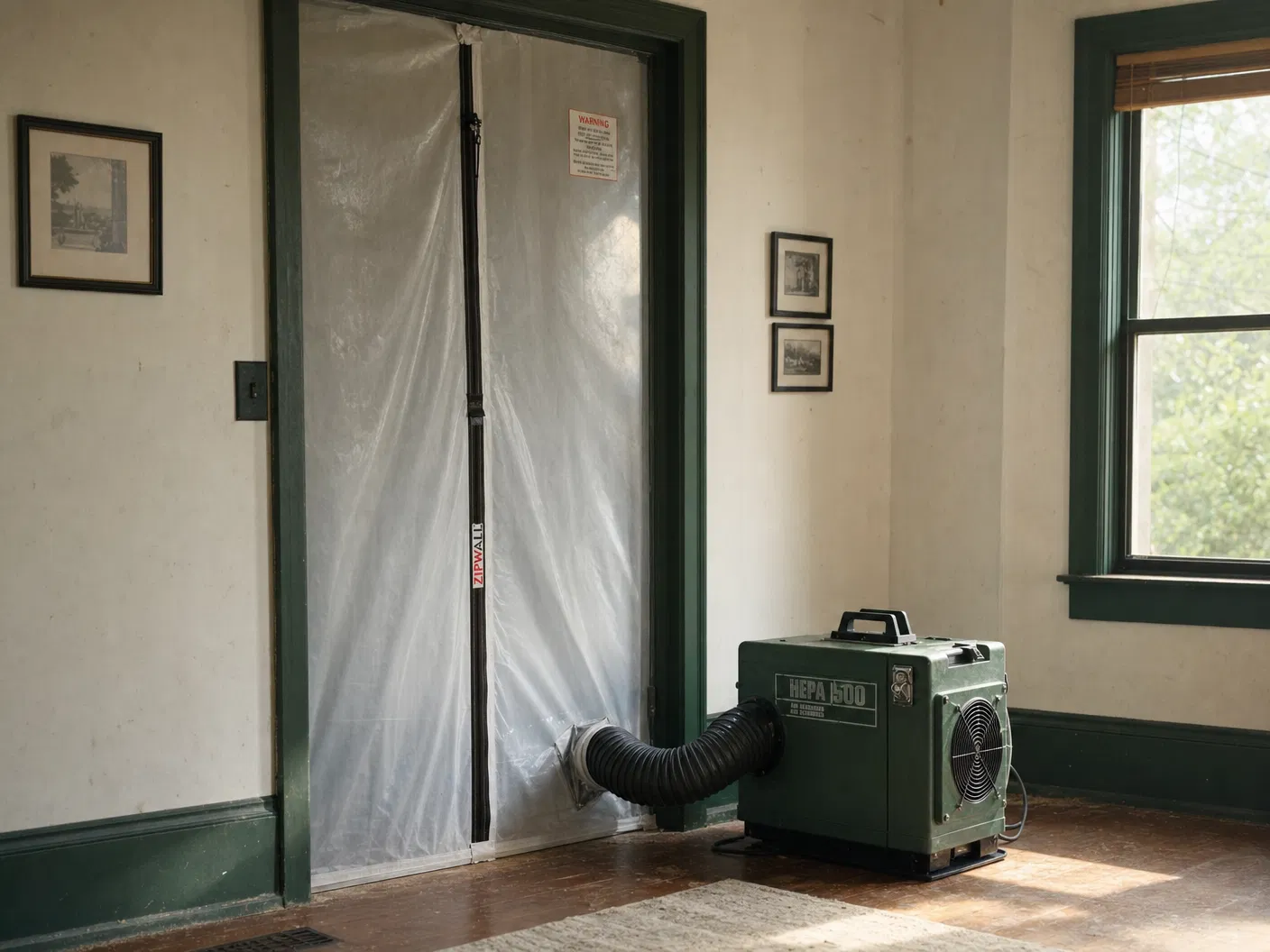 Negative-air containment with HEPA scrubber set up in a residential interior