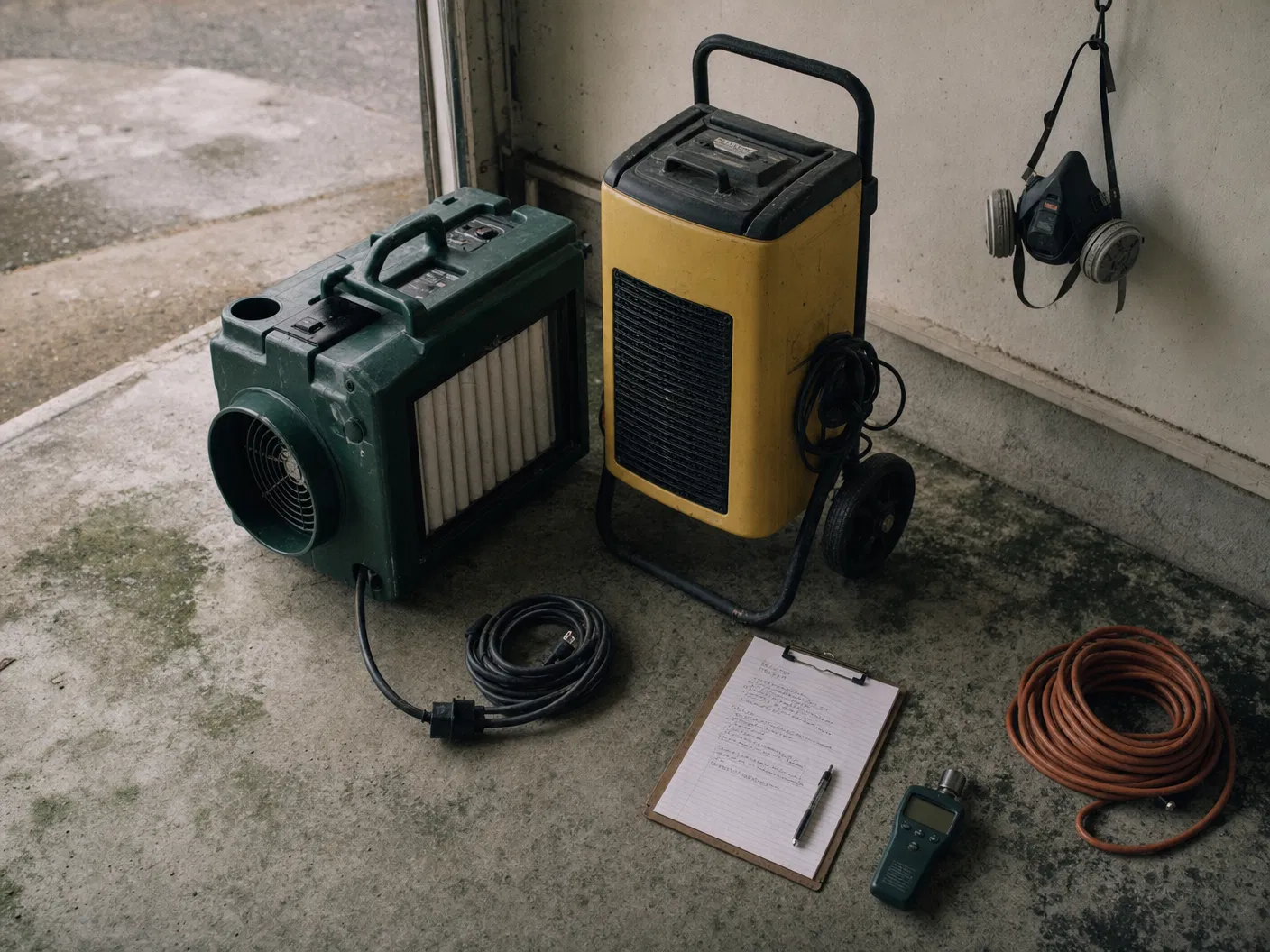 Professional mold remediation equipment laid out — air scrubber, dehumidifier, moisture meter