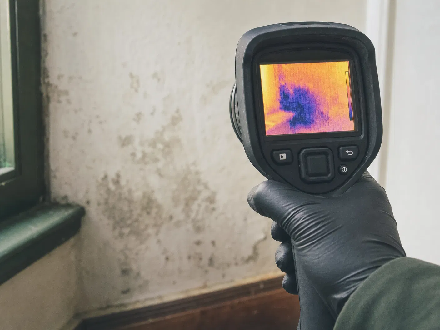 Gloved technician using a thermal imaging camera to read a moisture cold spot on a wall