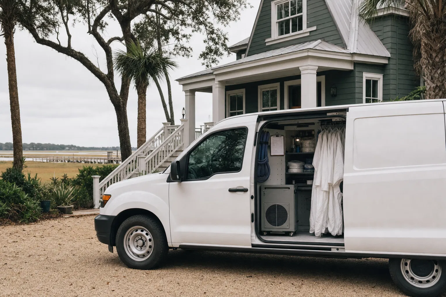White service van parked at a coastal home with side door open showing organized equipment