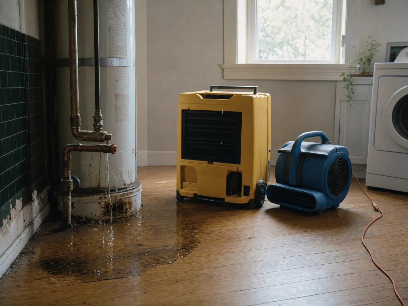 Yellow dehumidifier and air mover drying a residential utility room near a water leak