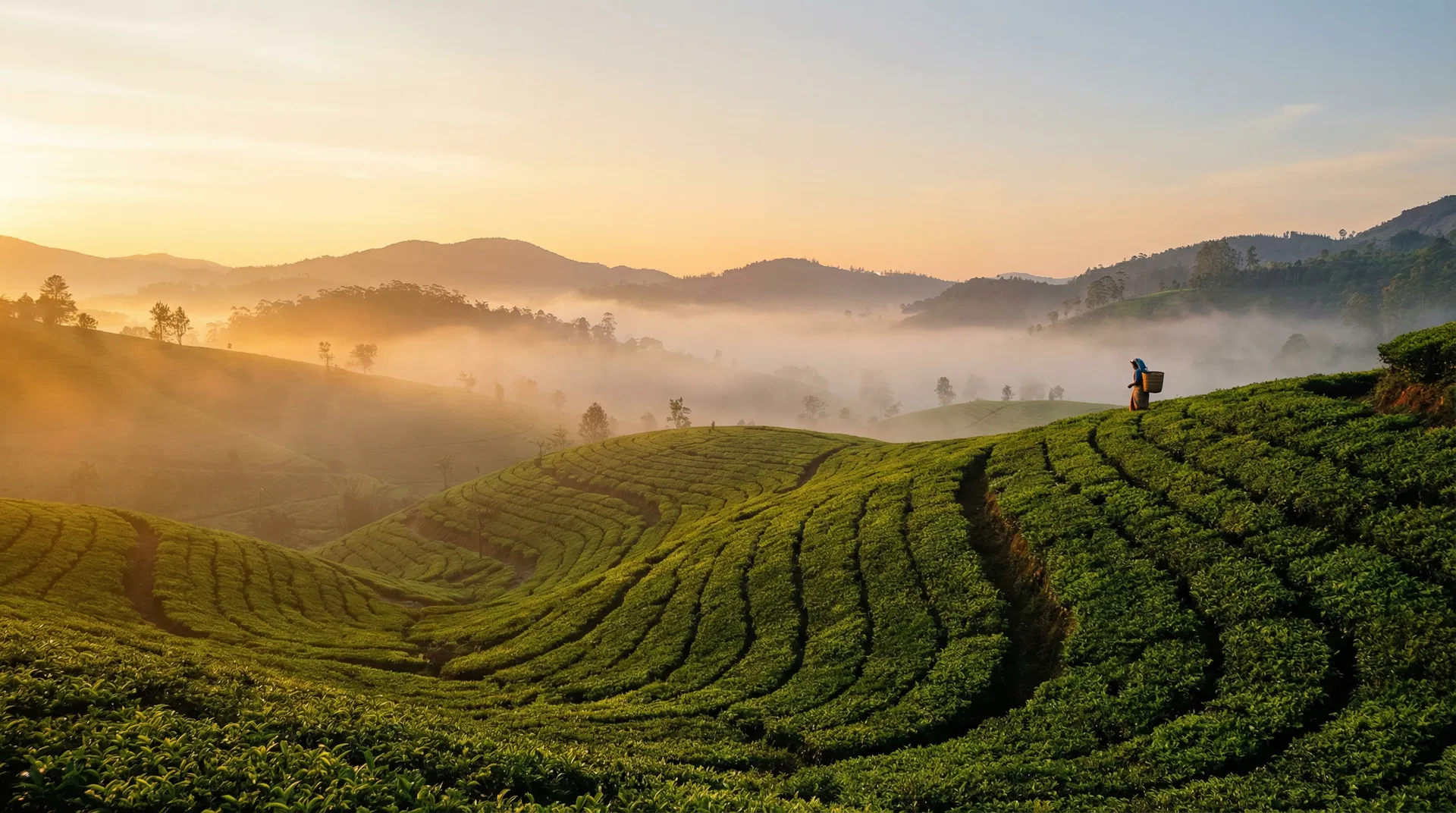 Ceylon tea estate at golden hour