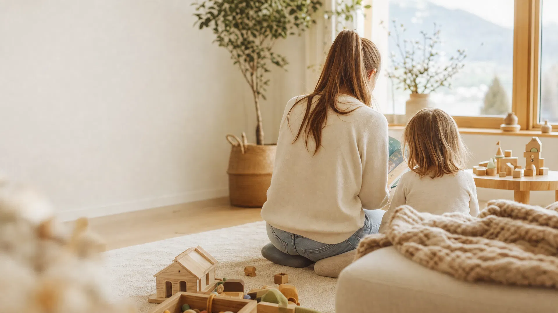Ruhige Babysitting-Szene in einem warmen Familienwohnzimmer