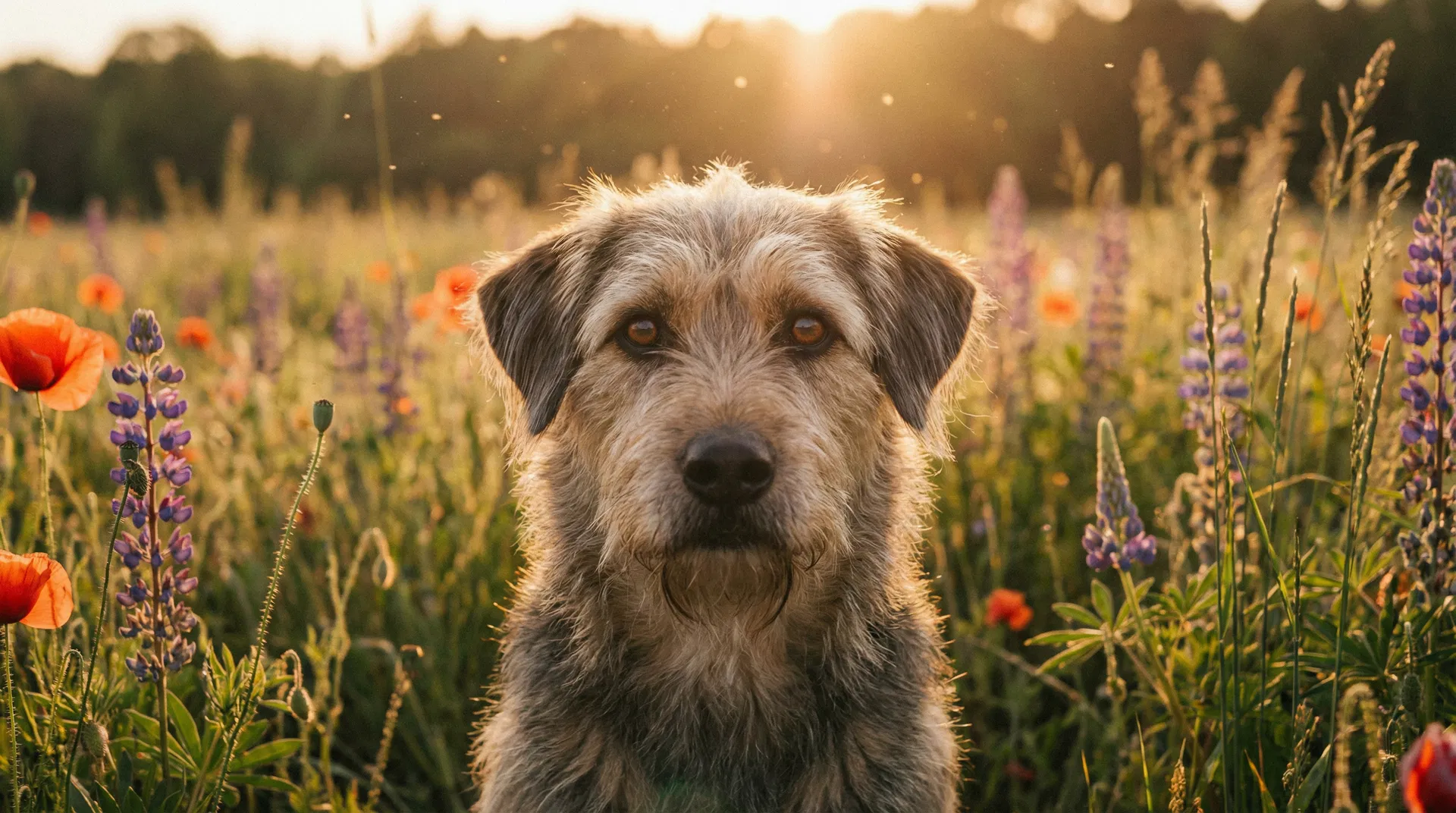 Rescue dog in wildflower field