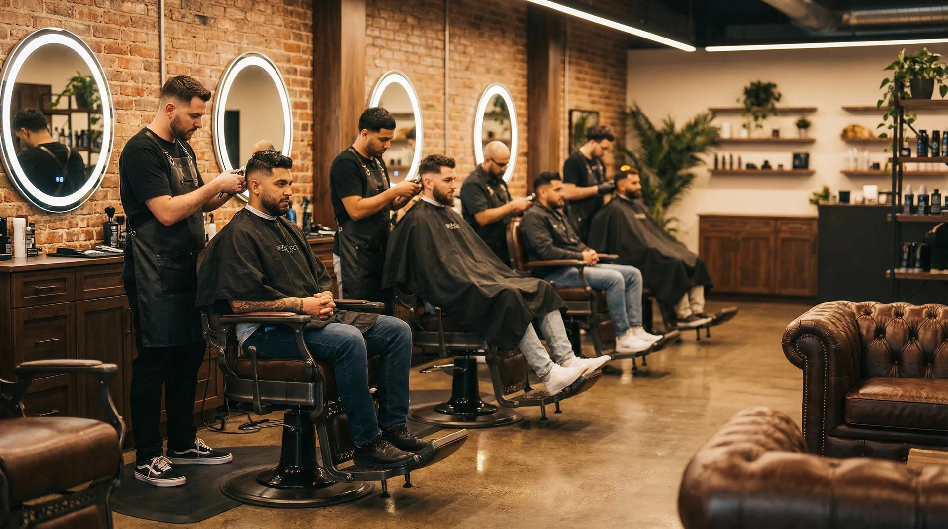 Busy modern barbershop with barbers working