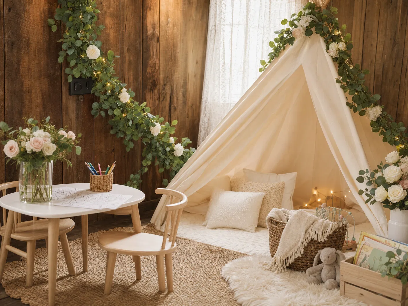 Elegant wedding childcare lounge with play tent and activities