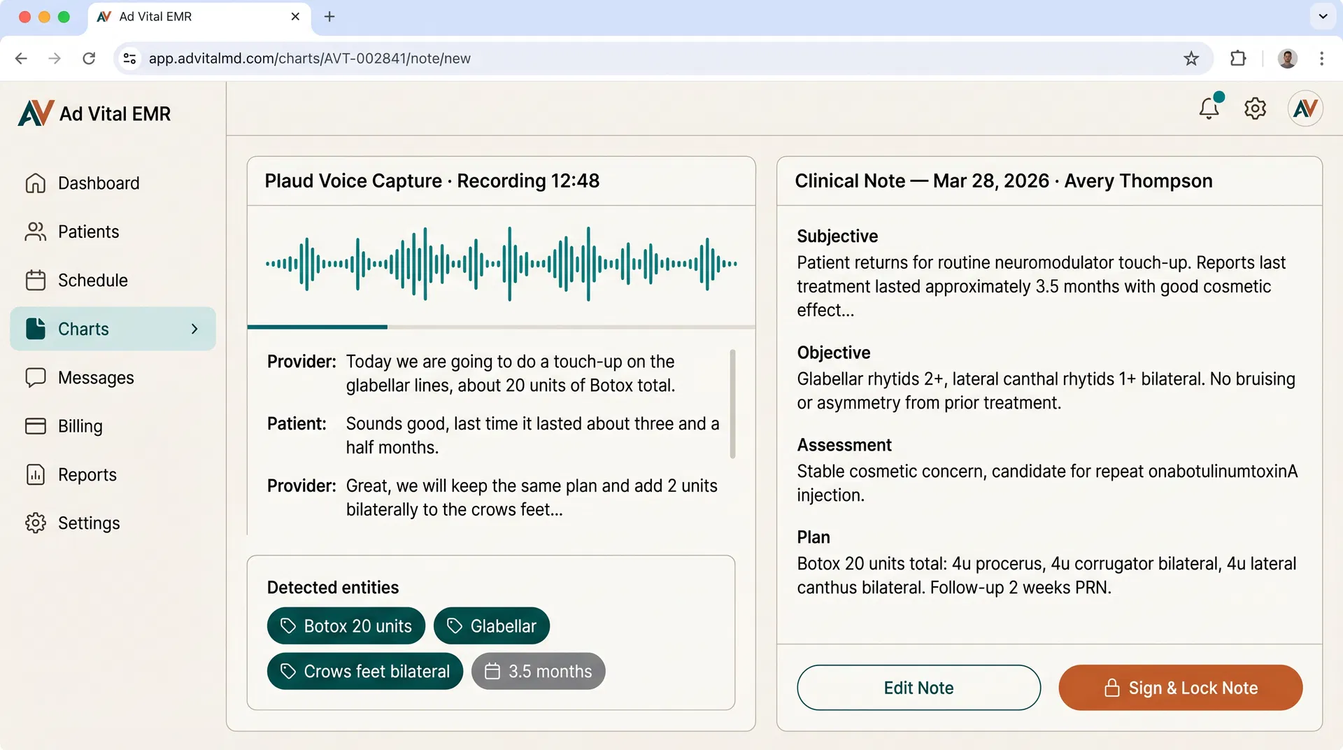 Ad Vital AI EMR clinical note drafted by Plaud voice transcription — AI SOAP note for aesthetic practice