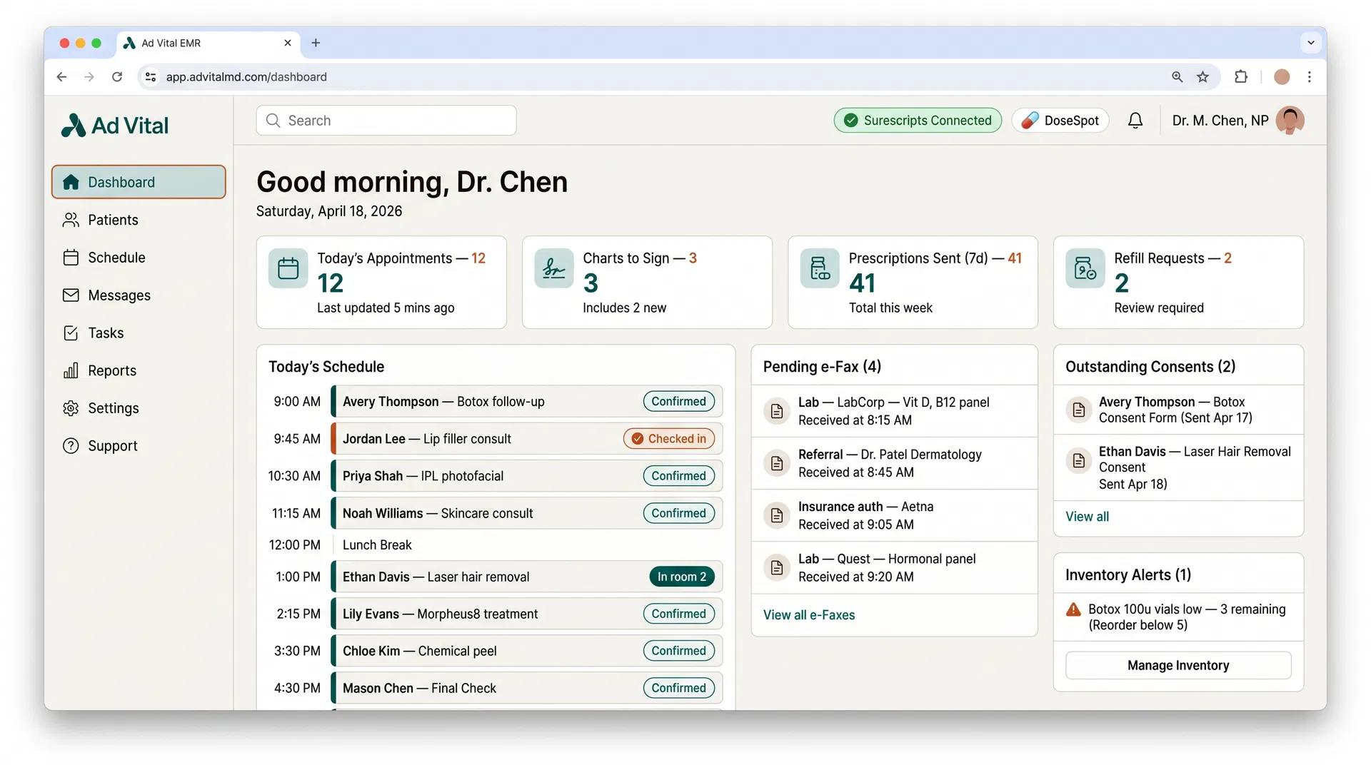 Ad Vital AI EMR provider dashboard showing today's schedule, charts to sign, and pending e-prescribing refill requests