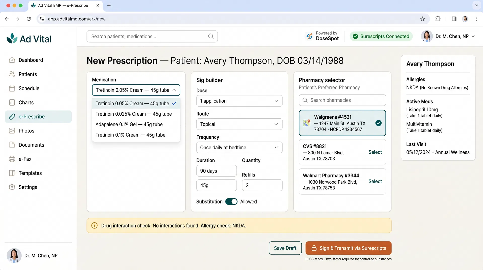 Ad Vital e-prescribing screen — DoseSpot pharmacy selector and EPCS sign-and-transmit