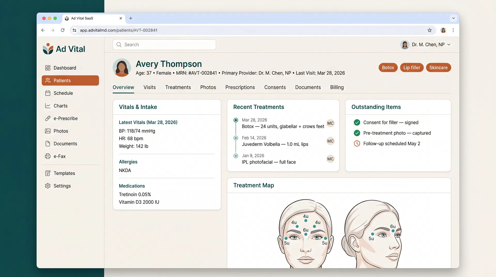 Ad Vital AI EMR patient chart with treatment history, injection mapping, and before/after photos for an aesthetic practice