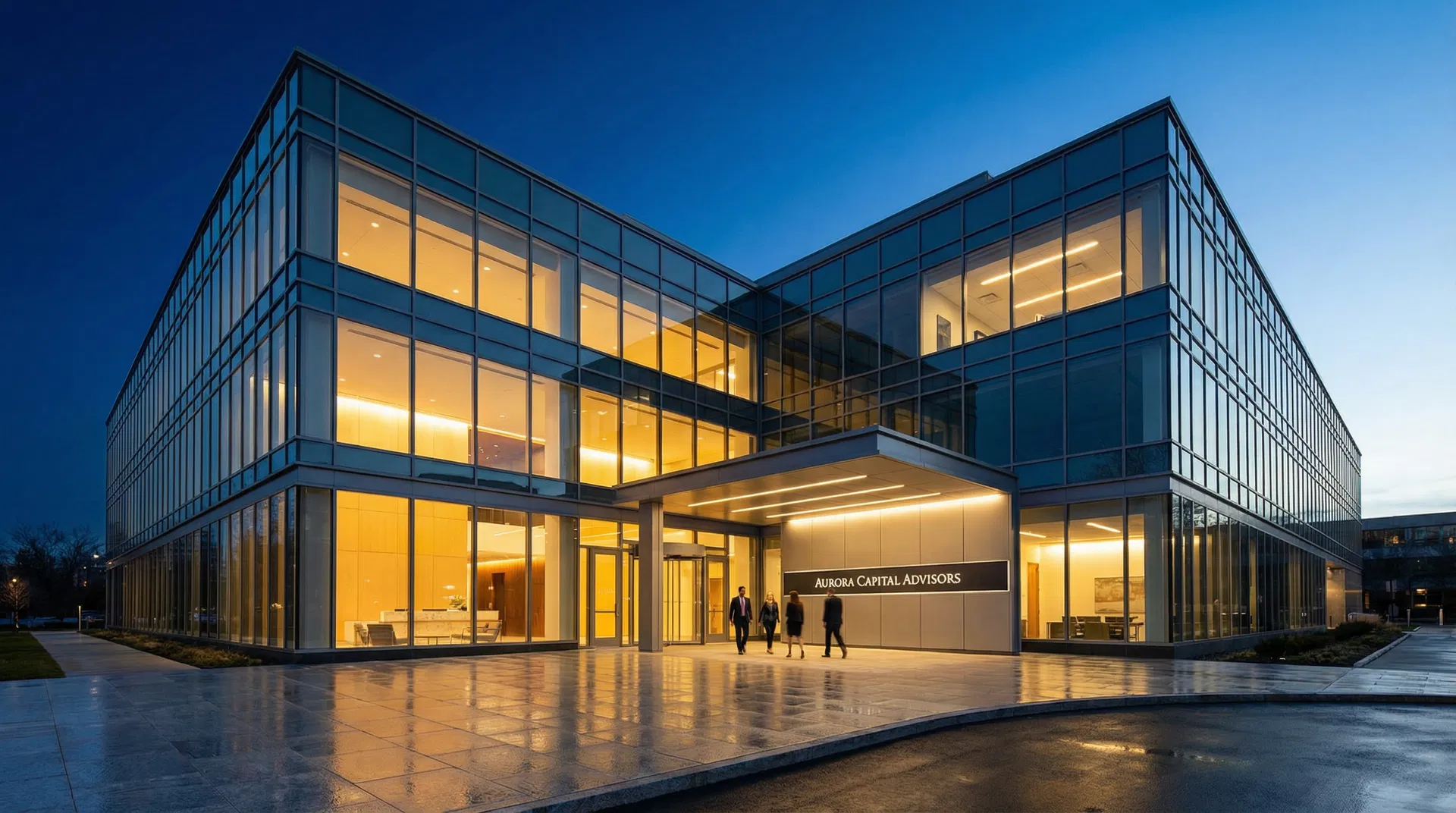 Edifício corporativo ao entardecer