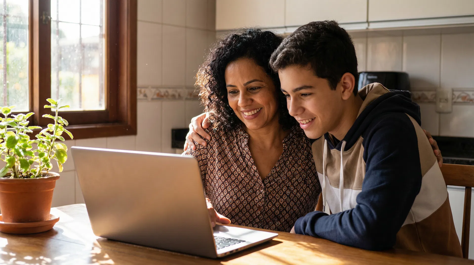 Mãe apoiando filho nos estudos