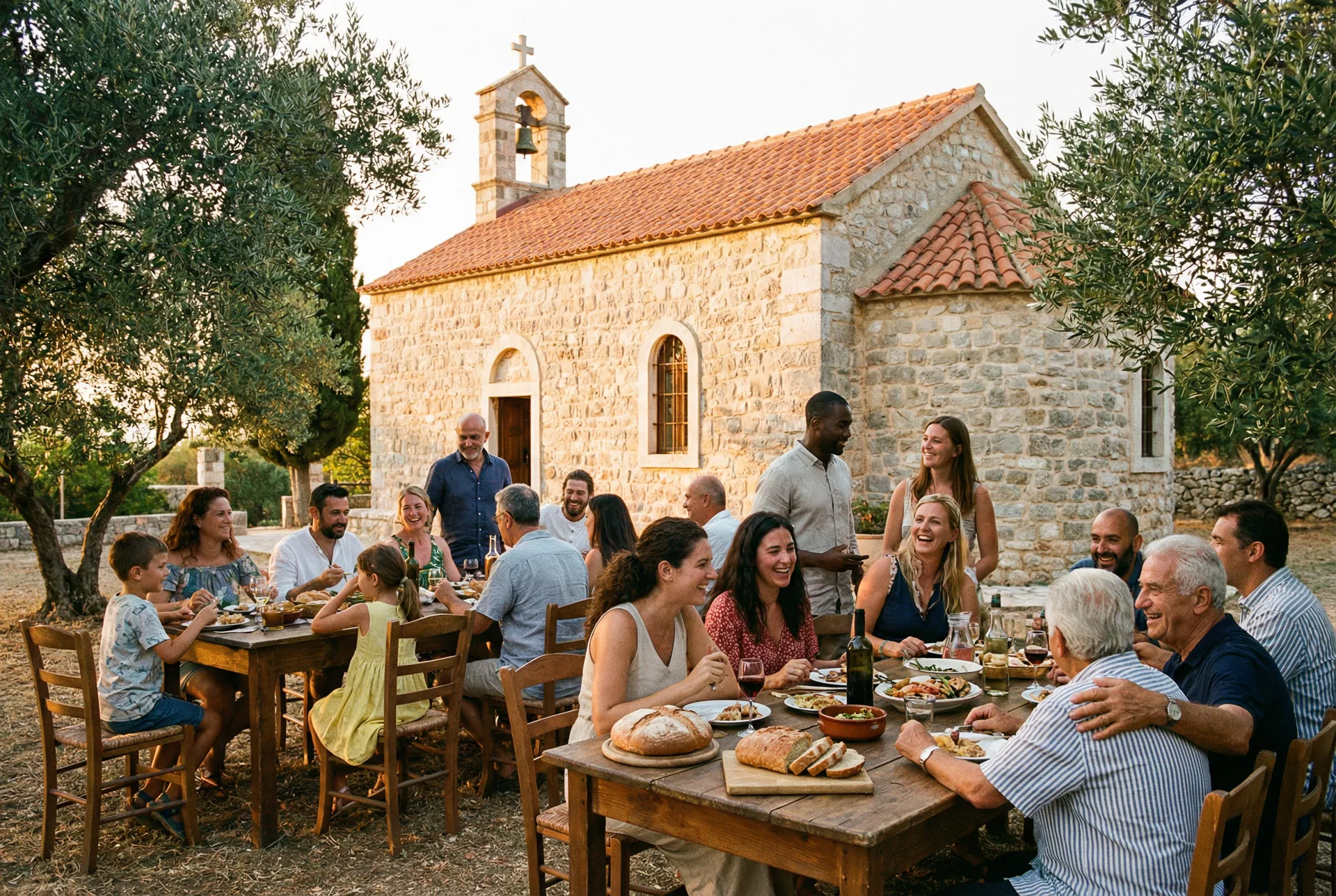 Diverse community gathering in fellowship outside a church