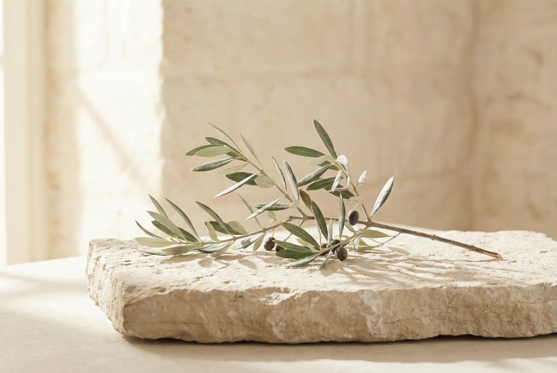 Olive branch on limestone, symbolizing peace and growth