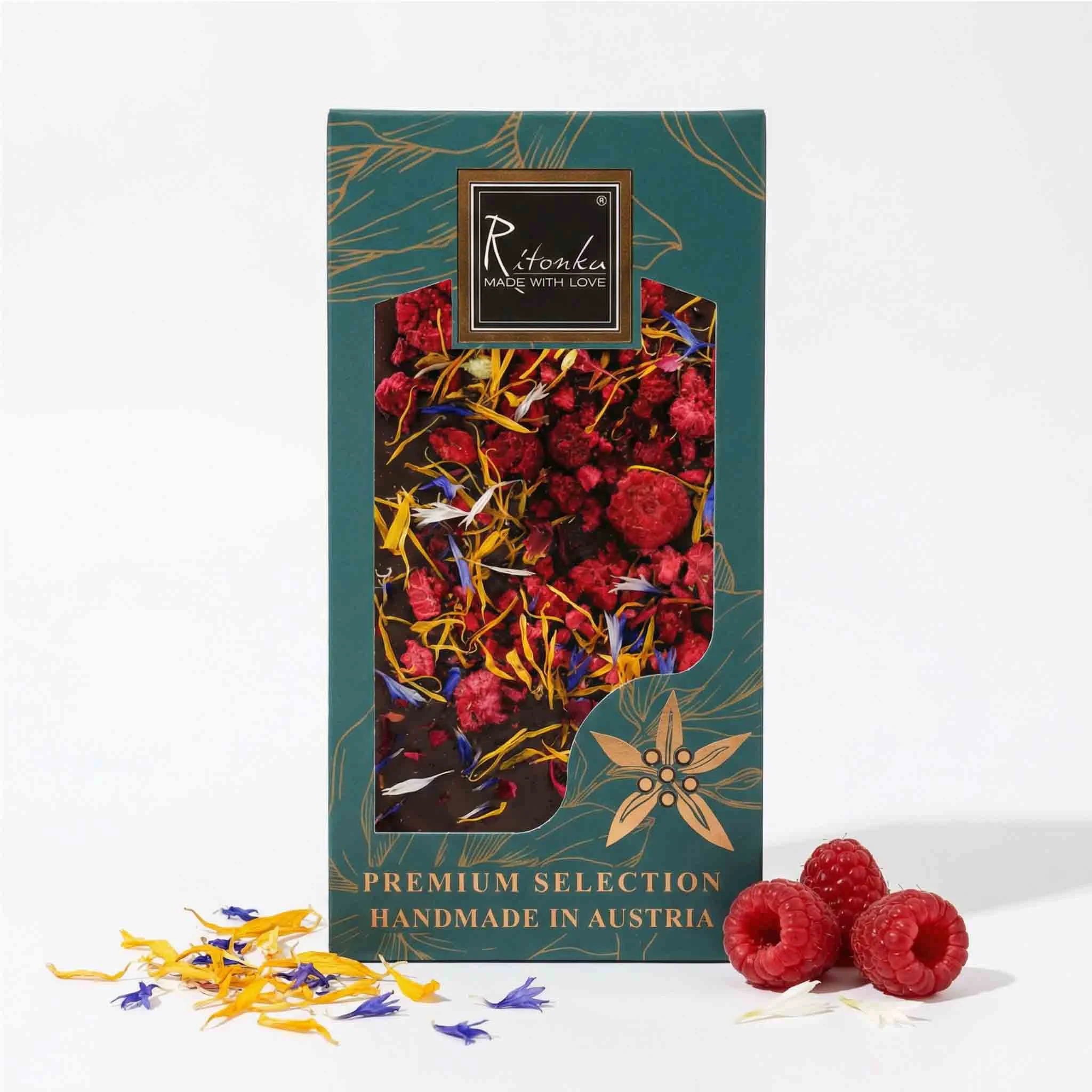 PREMIUM Bitterschokolade - Himbeere, Blüten 95g